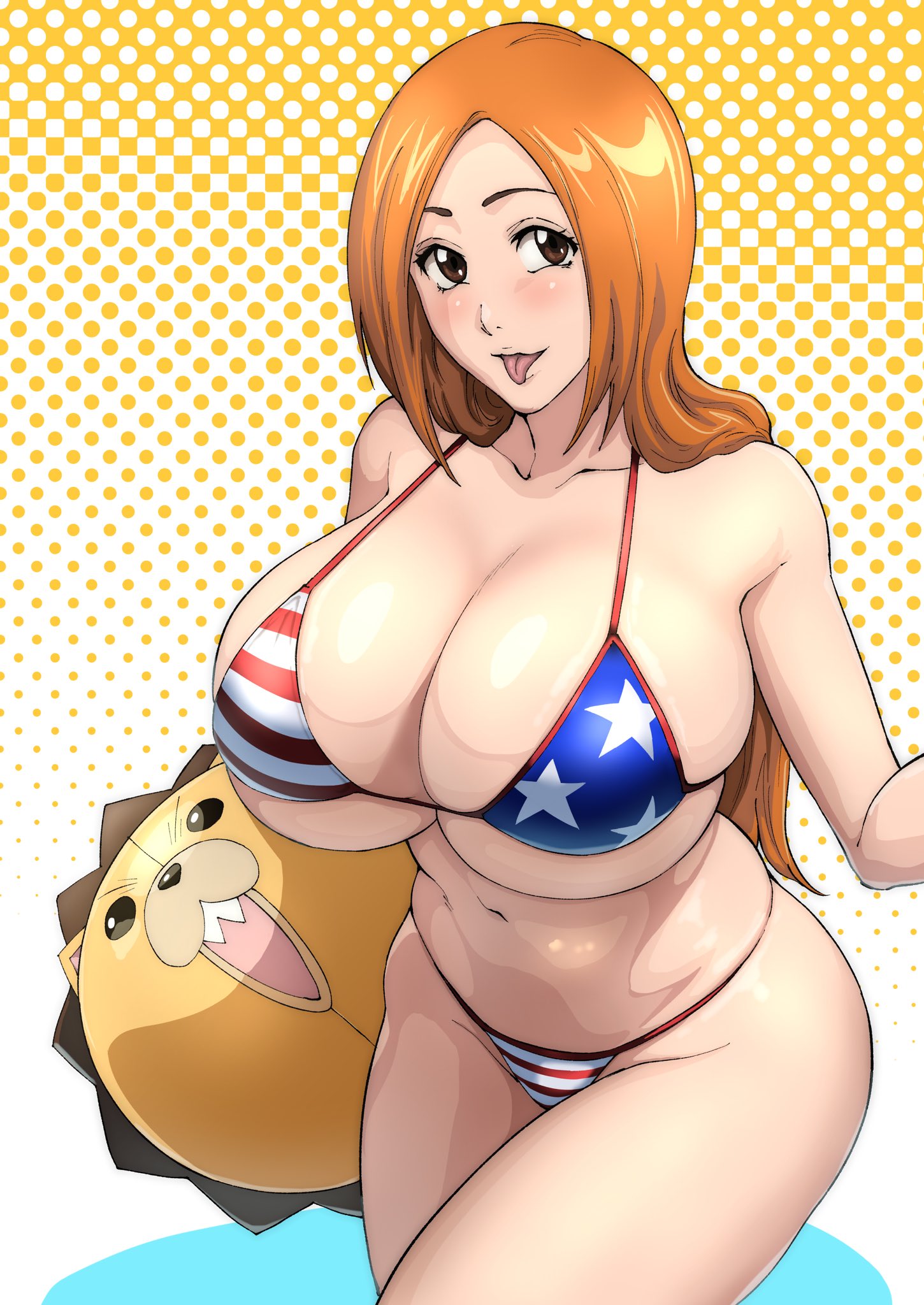 1girl :p alternate_breast_size american_flag_bikini bikini bleach breasts brown_eyes brown_hair cleavage collarbone flag_print halterneck highres holding holding_stuffed_toy huge_breasts inoue_orihime iwao178 kon_(bleach) long_hair looking_at_viewer navel parted_bangs polka_dot polka_dot_background print_swimsuit simple_background solo string_bikini stuffed_animal stuffed_lion stuffed_toy swimsuit tongue tongue_out
