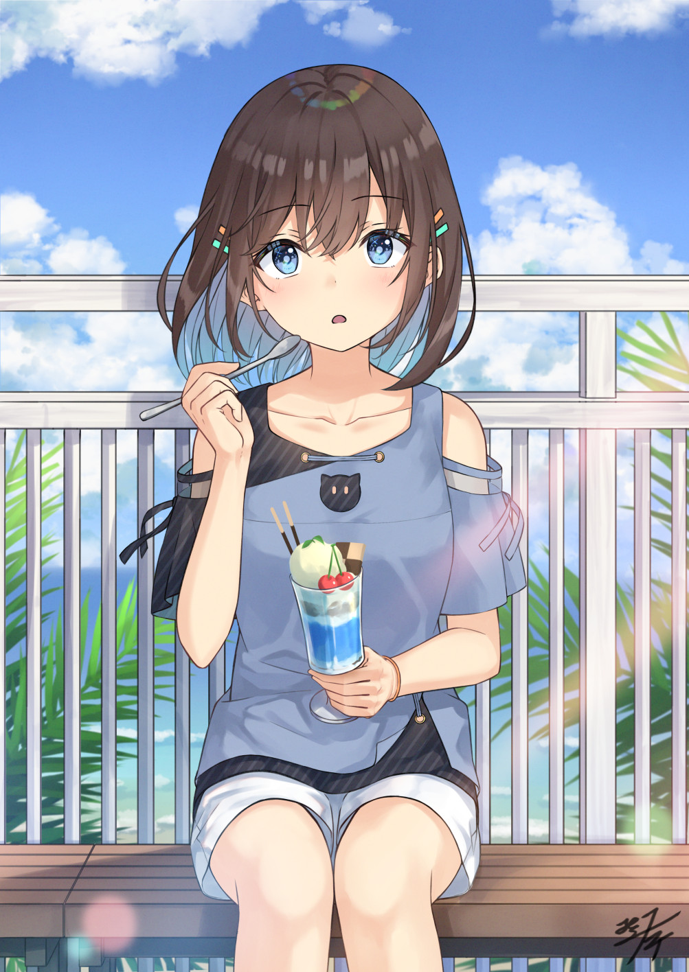 1girl black_shirt blue_eyes blue_hair blue_shirt blue_sky brown_hair checkerboard_cookie cherry cloud commentary_request cookie cup day feet_out_of_frame food fruit hair_between_eyes hair_ornament hairclip hand_up highres holding holding_cup holding_spoon horizon looking_at_viewer miko_fly multicolored_hair ocean on_bench original outdoors parted_lips pocky railing shirt short_sleeves shorts signature sitting sky solo spoon two-tone_hair water white_shorts