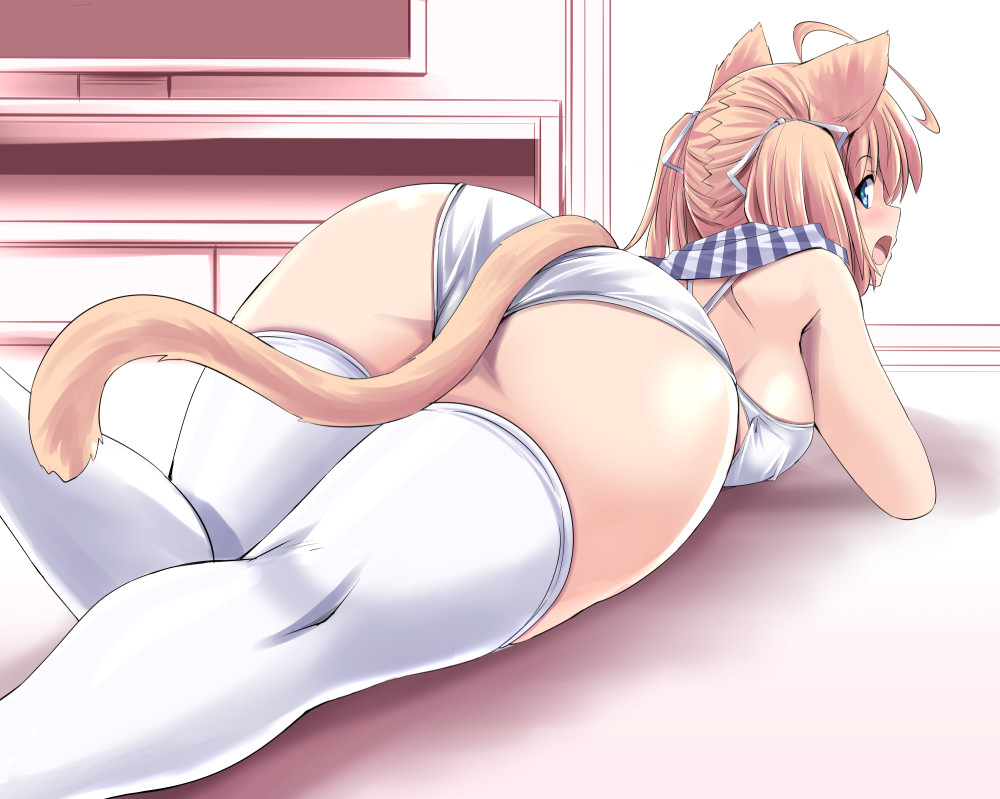 1girl ahoge animal_ears ass bikini blonde_hair blue_eyes breasts cat_ears cat_girl cat_tail commentary_request from_behind indoors large_breasts looking_at_viewer looking_back lying on_stomach open_mouth original pudding_(tonpuu) scarf solo swimsuit tail thighhighs tonpuu twintails white_bikini white_thighhighs