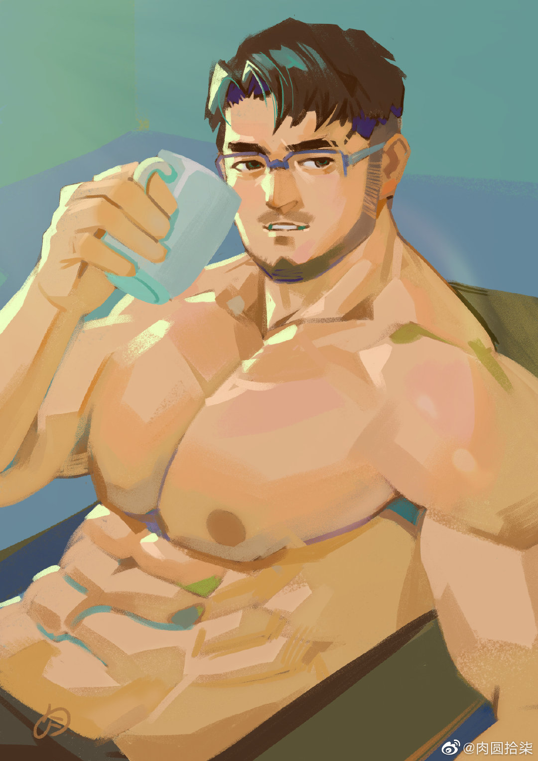 1boy abs bara beard cup eyebrow_cut facial_hair glasses highres holding holding_cup large_pectorals male_focus mug muscular muscular_male mustache nipples original pectorals rouyuan_shiqi_(ro_seventeen) short_hair smile solo stomach thick_eyebrows topless_male upper_body