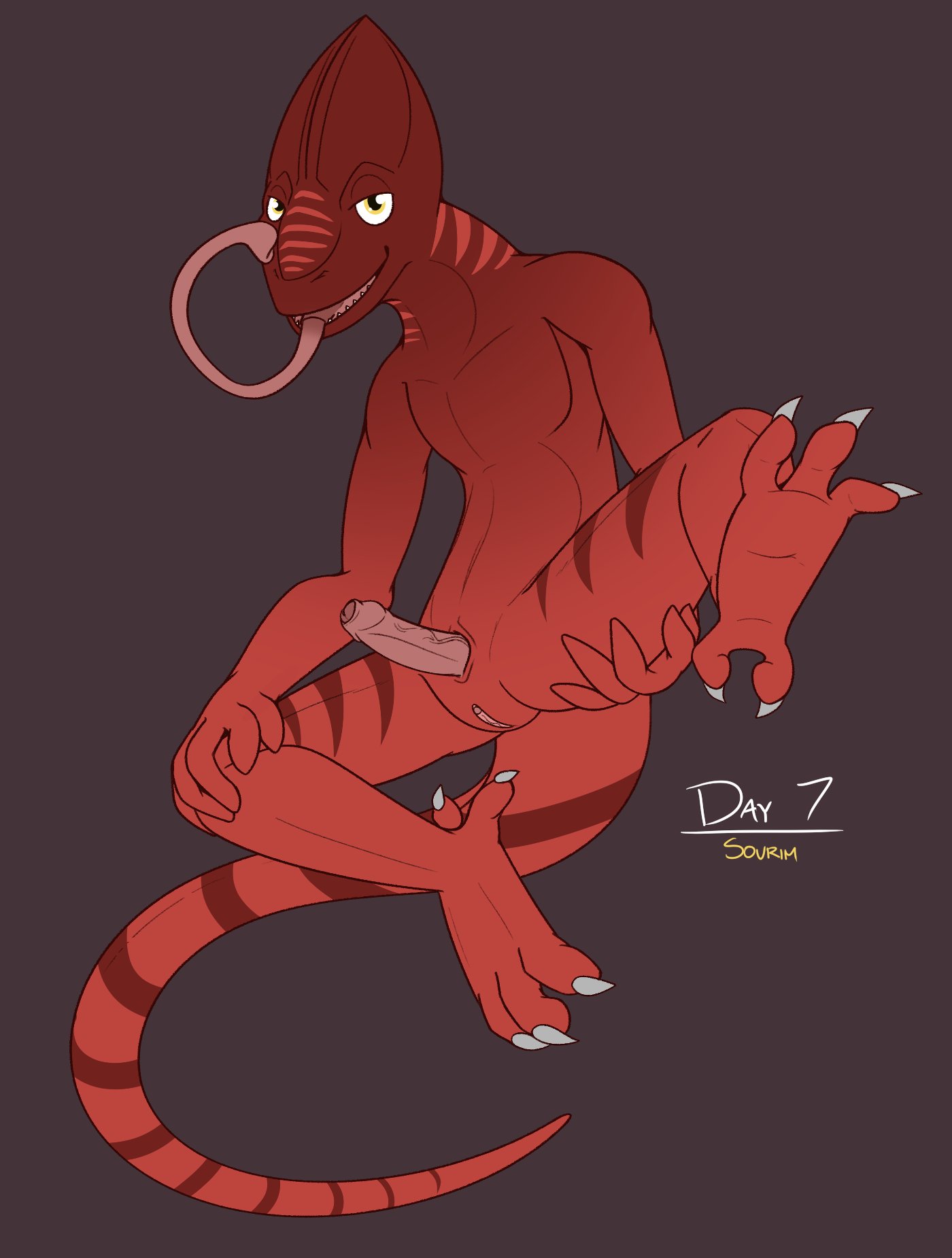 2022 animal_genitalia anthro chameleon character_name clitoris digital_media_(artwork) erection foreskin genital_slit genitals hi_res hybrid lizard long_tongue looking_at_viewer nonbinary_(lore) partially_retracted_foreskin penis presenting pussy red_body reptile salamander_(disambiguation) scalie simple_background slit slit_day solo sovrim_terraquian tongue tongue_out tyrannosharkusrex vein veiny_penis