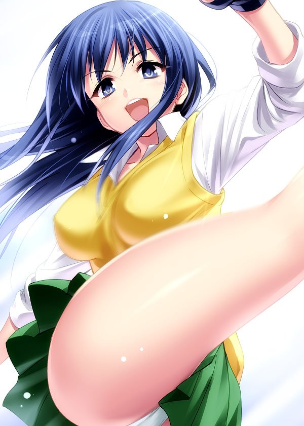1girl :d arm_up black_gloves blue_hair breasts commentary_request cowboy_shot eyelashes eyes_visible_through_hair fighting_stance floating_clothes floating_hair gloves green_skirt hair_between_eyes kicking kurusugawa_ayaka large_breasts light_blush long_hair long_sleeves looking_at_viewer miniskirt motion_blur open_mouth panties panty_peek pleated_skirt round_teeth school_uniform shiny_skin shirt simple_background skirt smile solo straight-on straight_hair sweater_vest teeth thighs to_heart to_heart_(series) underwear upper_teeth_only white_background white_panties white_shirt yellow_sweater_vest zen_(kamuro)