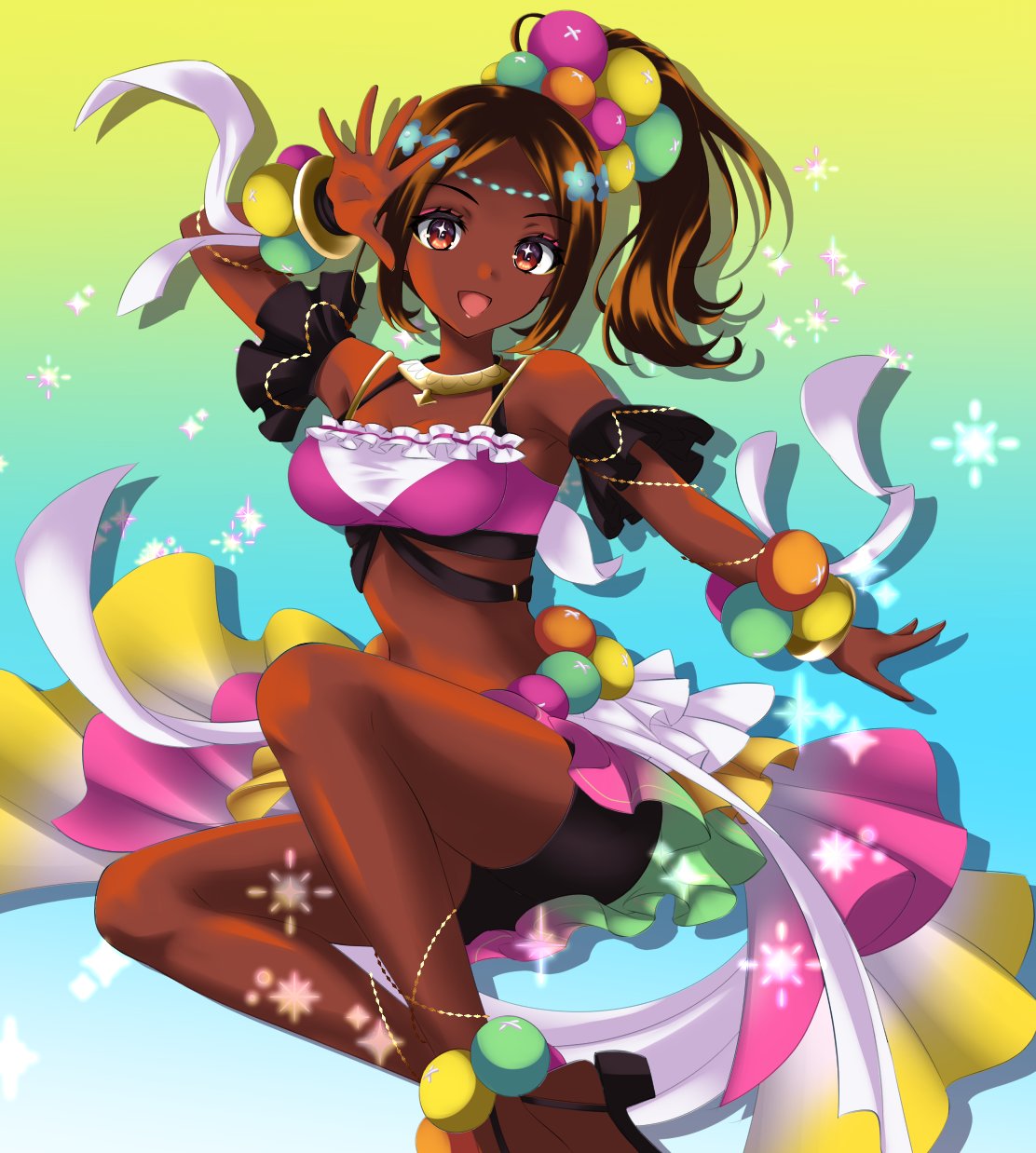 1girl bare_shoulders bracelet breasts dark-skinned_female dark_skin eyeliner eyeshadow fire_emblem fire_emblem_engage high_heels highres jewelry kakiko210 looking_at_viewer makeup medium_breasts open_mouth pearl_anklet pearl_bracelet pearl_hair_ornament pink_eyeliner pink_eyeshadow sidelocks star-shaped_pupils star_(symbol) symbol-shaped_pupils timerra_(fire_emblem) toeless_footwear