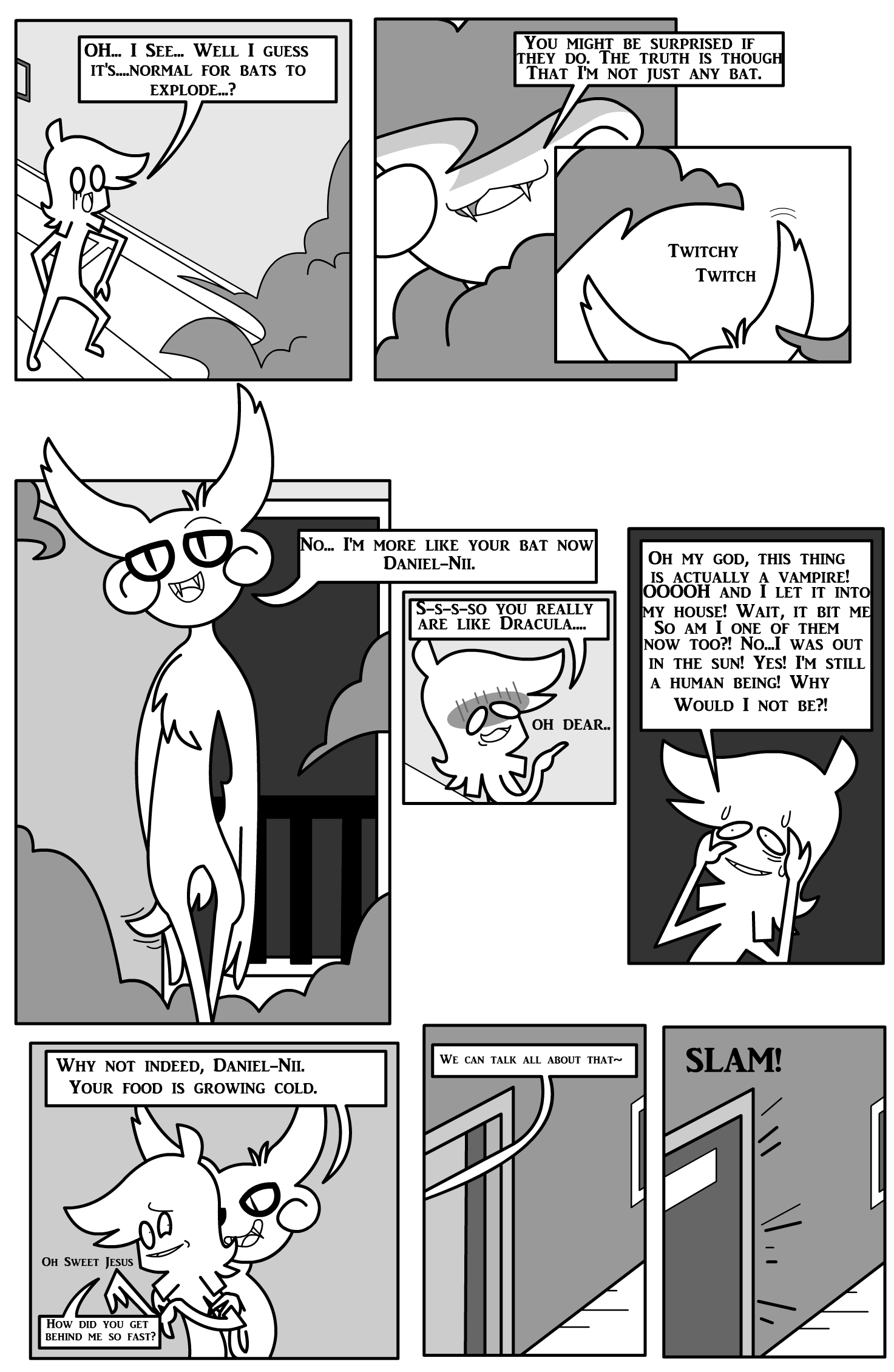 ambiguous_gender anthro bat bodily_fluids border comic daniel_toke dialogue door door_slam doorframe doorway duo english_text fangs gesture greyscale hi_res holding_another human iconography inside male male/ambiguous mammal monochrome motion_lines open_mouth overbite pointing scared shane_frost smoke sound_effects speech_bubble standing sweat sweatdrop tail teeth text touching_face white_border