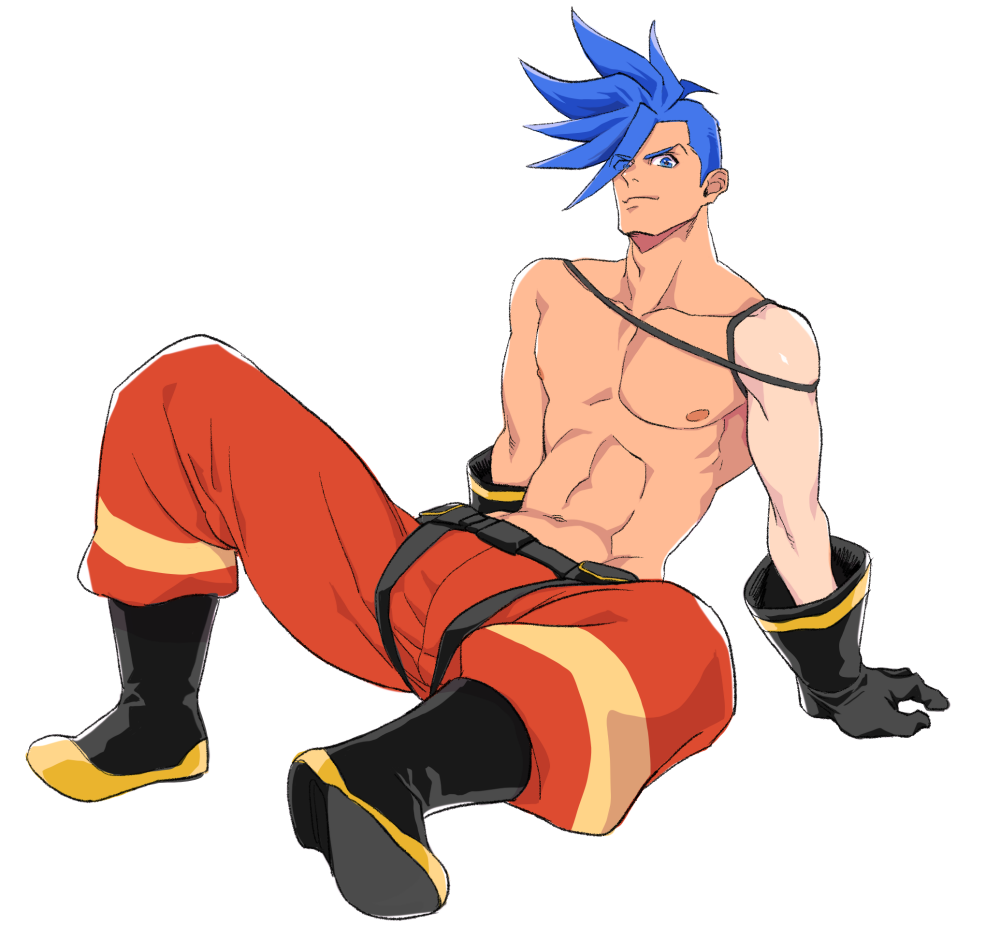 1boy abs asymmetrical_hair bara black_footwear black_gloves blue_eyes blue_hair boots closed_mouth collarbone duruko firefighter galo_thymos gloves looking_at_viewer male_focus mohawk on_floor pants pectorals promare red_pants short_hair sidecut sitting smile solo spiked_hair spread_legs tan tanlines toned toned_male topless_male undercut white_background