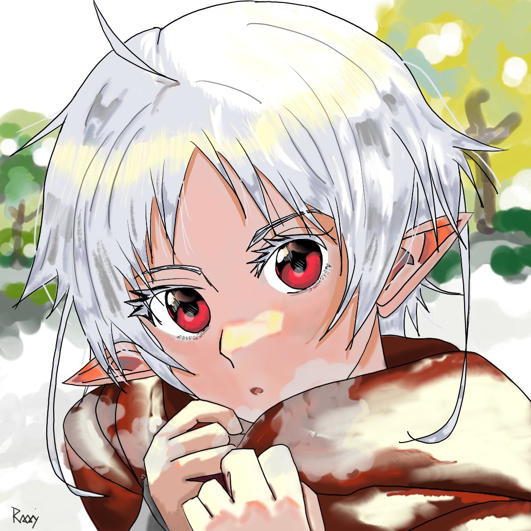 1girl ahoge blurry blurry_background blush cold elf finger_to_mouth light_blush looking_at_viewer mushoku_tensei open_mouth pointy_ears praaveeshraaj21 red_eyes scarf short_hair_with_long_locks snow sunlight sylphiette_(mushoku_tensei) white_hair