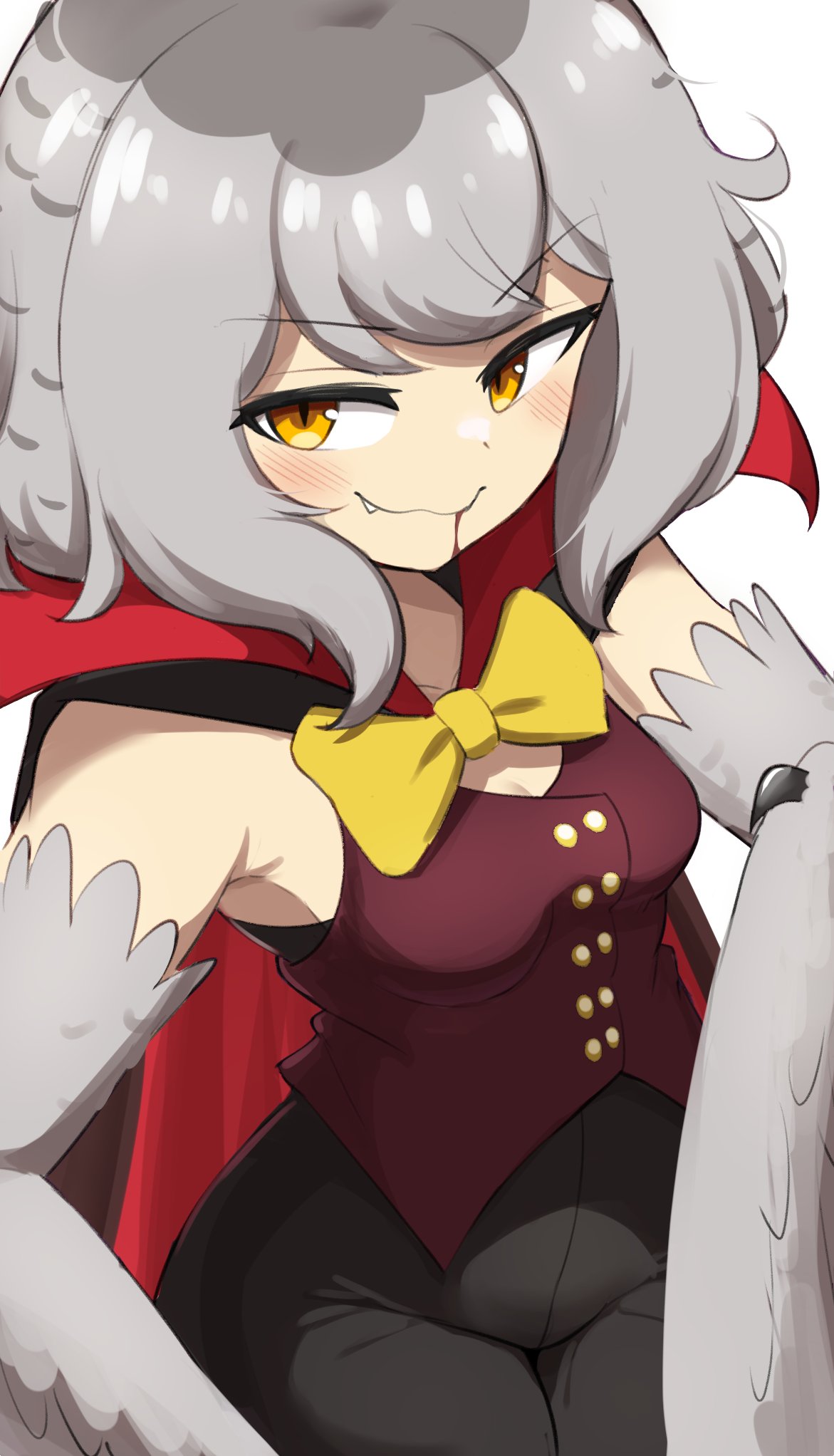 1girl black_cape black_pants blood blood_in_mouth blush bow bowtie breasts cape cleavage commentary english_commentary fang feathered_wings grey_feathers grey_hair grey_wings harpy highres looking_at_viewer medium_hair mono_(sifserf) monster_girl multicolored_hair original owl_girl pants red_cape red_vest sifserf simple_background slit_pupils small_breasts smile two-tone_hair vampire vampire_costume vest white_background winged_arms wings yellow_bow yellow_bowtie yellow_eyes