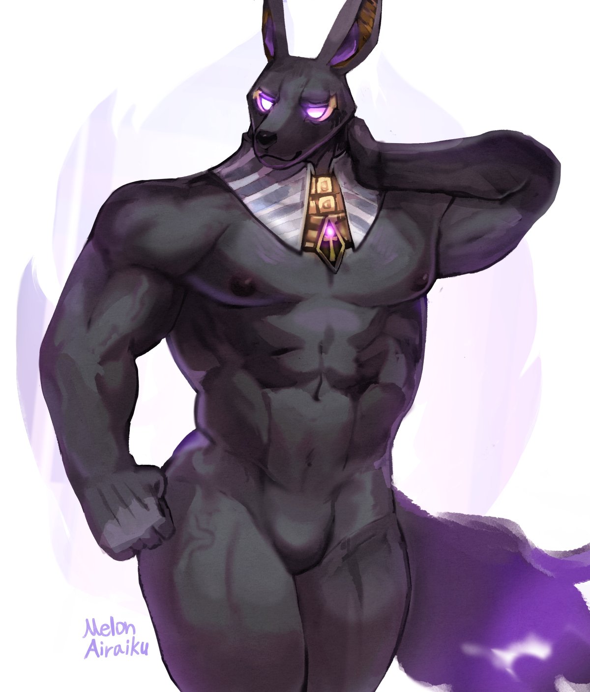 abs ankh anthro anubian_jackal black_body black_fur butler canid canine canis dark_nipples dislyte drew_(dislyte) featureless_crotch fur glowing glowing_eyes hand_on_head hi_res jackal male mammal melon_airaiku muscular_arms nipples nude null pecs purple_eyes raised_arm smile solo