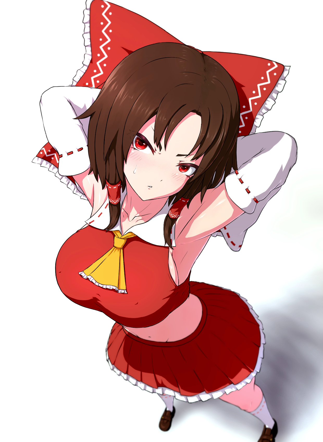 1girl armpits ascot bad_anatomy black_footwear bow breasts commentary detached_sleeves foreshortening from_above full_body groin hair_bow hair_tubes hakurei_reimu highres large_breasts looking_at_viewer pepelonthi red_bow red_eyes red_shirt red_skirt ribbon-trimmed_sleeves ribbon_trim shirt sidelocks simple_background skirt socks solo standing touhou white_background white_socks yellow_ascot