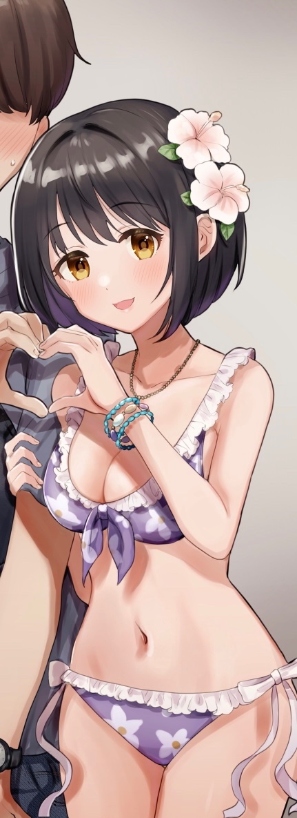 1boy 1girl arm_hug bare_shoulders bead_bracelet beads bikini black_hair blush bracelet breasts brown_hair cleavage collarbone floral_print flower frilled_bikini frills front-tie_bikini_top front-tie_top hair_flower hair_ornament heart heart_hands heart_hands_duo idolmaster idolmaster_cinderella_girls jewelry looking_at_viewer medium_breasts navel necklace open_mouth pink_flower purple_bikini short_hair side-tie_bikini_bottom smile solo_focus swimsuit takafuji_kako tori_ririisu yellow_eyes