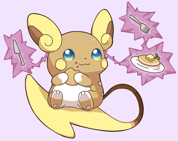 2027_(submarine2027) :3 alolan_raichu blue_eyes blush butter closed_mouth commentary_request eating food food_on_face fork green_eyes holding holding_food knife malasada multicolored_eyes no_humans plate pokemon pokemon_(creature) purple_background simple_background sitting sitting_on_own_tail smile solo telekinesis