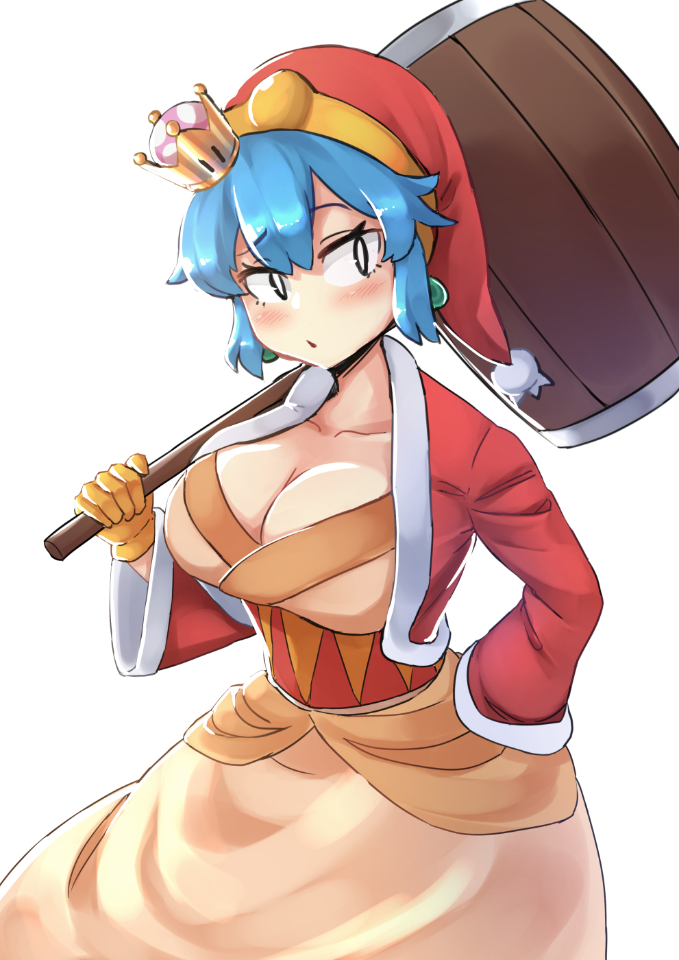 1girl blue_hair blush breasts cleavage collarbone crown dress earrings genderswap genderswap_(mtf) gloves hair_between_eyes hand_on_own_hip harukaze_shizuru hat highres holding holding_mallet humanization jacket jewelry king_dedede kirby_(series) large_breasts mallet mario_(series) mini_crown new_super_mario_bros._u_deluxe nightcap no_nose orange_dress red_headwear red_jacket short_hair solo super_crown white_background wide_sleeves yellow_gloves