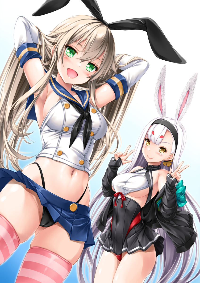 2girls :d alternate_breast_size animal_ears armpits arms_behind_head arms_up azur_lane bare_shoulders black_dress black_hairband black_jacket black_neckerchief black_panties blonde_hair blue_skirt blush breasts buttons cameltoe clothes_lift commentary_request covered_navel crop_top crossover double-breasted double_v dress elbow_gloves from_below gloves green_eyes groin hair_between_eyes hairband hands_up happy highleg highleg_panties highres hip_focus jacket kamiya_tomoe kantai_collection legs_apart legs_together long_hair looking_at_viewer medium_breasts midriff miniskirt multiple_girls name_connection navel neckerchief no_bra panties panties_over_clothes pleated_skirt rabbit_ears rabbit_girl red_panties red_ribbon revealing_clothes ribbon sailor_collar school_uniform serafuku shimakaze_(azur_lane) shimakaze_(kancolle) shirt sideboob skin_tight skindentation skirt skirt_lift sleeveless sleeveless_shirt smile stomach striped striped_thighhighs thighhighs thighs two-tone_dress underboob underwear upskirt v very_long_hair white_hair white_shirt wind wind_lift yellow_eyes