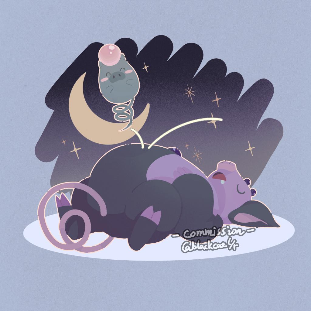 blackcatlandr border closed_eyes commission crescent_moon drooling evolutionary_line grey_border grumpig jumping lying moon on_back open_mouth pokemon pokemon_(creature) saliva sleeping spoink twitter_username u_u watermark