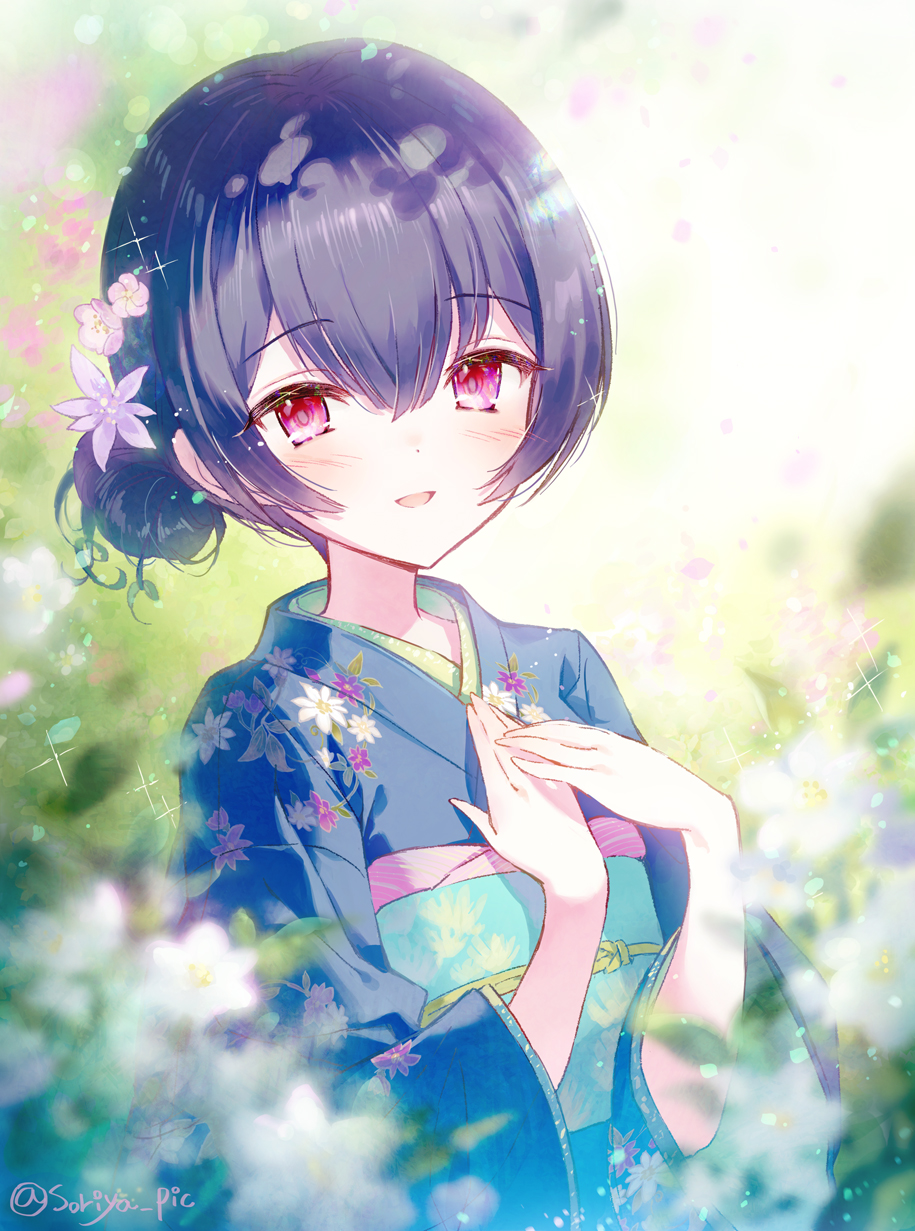 1girl black_hair blue_hair blue_kimono blurry blurry_background blurry_foreground blush bow breasts dot_nose falling_petals floral_print flower hair_between_eyes hair_bun hair_flower hair_ornament hands_on_own_chest highres idolmaster idolmaster_shiny_colors japanese_clothes kimono long_sleeves looking_at_viewer morino_rinze obi obiage obijime open_mouth petals red_eyes sash short_hair small_breasts smile solo soriya sparkle twitter_username wide_sleeves