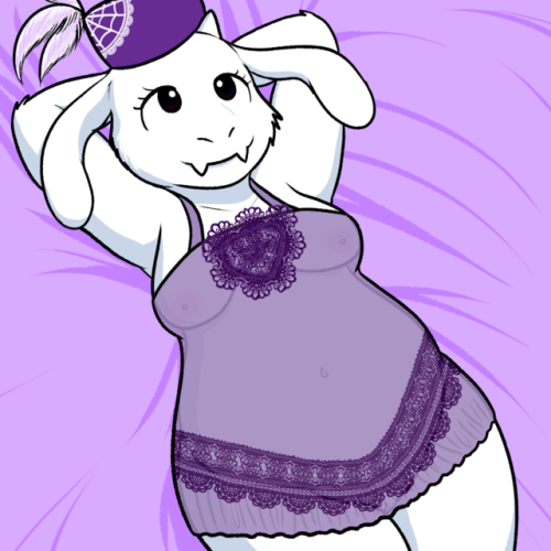 anthro black_eyes breasts clothing dress eyelashes female fur genitals hands_behind_head hat headgear headwear low_res navel nishi_oxnard purple_clothing purple_dress purple_hat purple_headwear purple_sheets pussy smile solo toriel translucent translucent_clothing undertale_(series) white_body white_fur