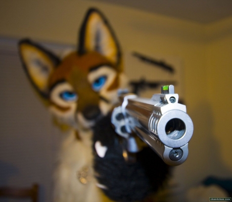 andromorph anthro canid canine clothing costume fenec fox fursuit gun intersex low_res male male/male mammal ranged_weapon sheepo99 solo weapon