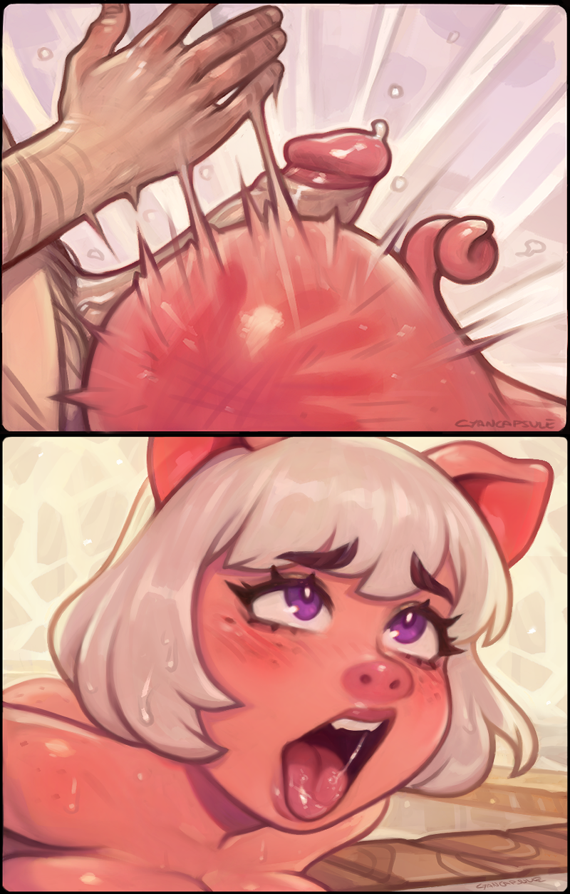 ahegao anthro big_butt bodily_fluids breast_squish breasts butt butt_slap cleavage clothed clothing cyancapsule domestic_pig duo emelie_(cyancapsule) eye_roll female from_behind_position genital_fluids genitals hair hi_res hot_dogging human looking_pleasured male male/female mammal masochism penis pink_body precum saliva sex slap spank_marks spanking squish suid suina sus_(pig) tongue tongue_out white_hair