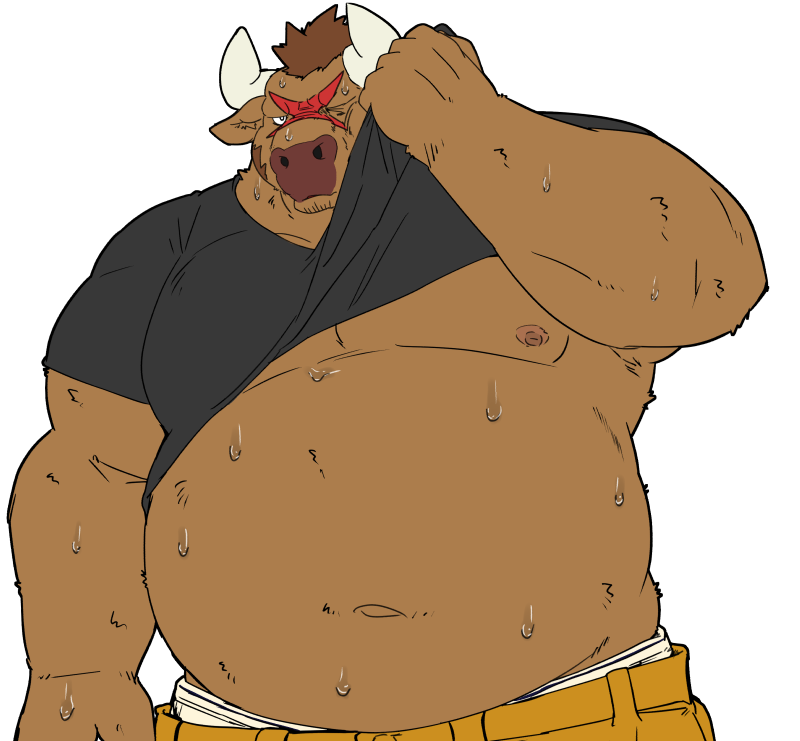 2023 anthro araiguma_11 belly big_belly bodily_fluids bovid bovine brown_body cattle clothed clothing clothing_lift kemono male mammal moobs navel nipples overweight overweight_male scar shirt shirt_lift simple_background solo sweat topwear white_background