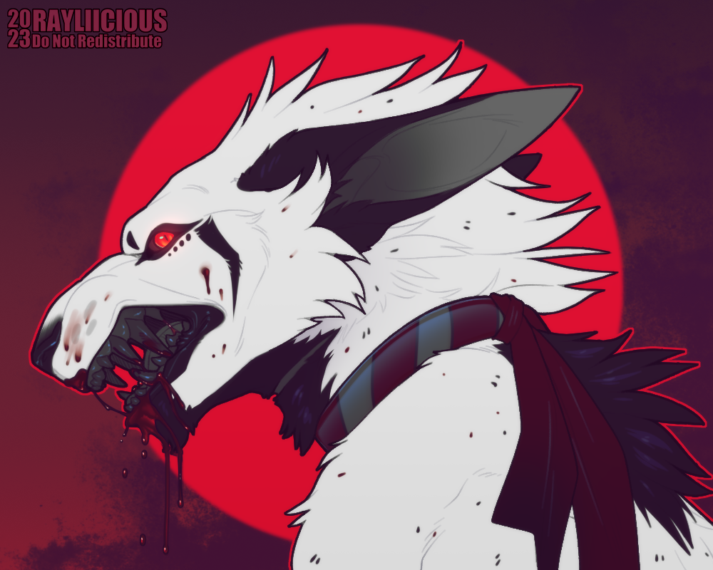 5:4 ambiguous_gender anthro black_sclera blood blood_from_mouth blood_in_mouth bodily_fluids cheek_tuft ears_back facial_markings facial_tuft fur glistening glistening_eyes glowing glowing_eyes head_markings head_tuft looking_at_viewer markings pivoted_ears rayliicious red_eyes side_view solo tuft white_body white_fur