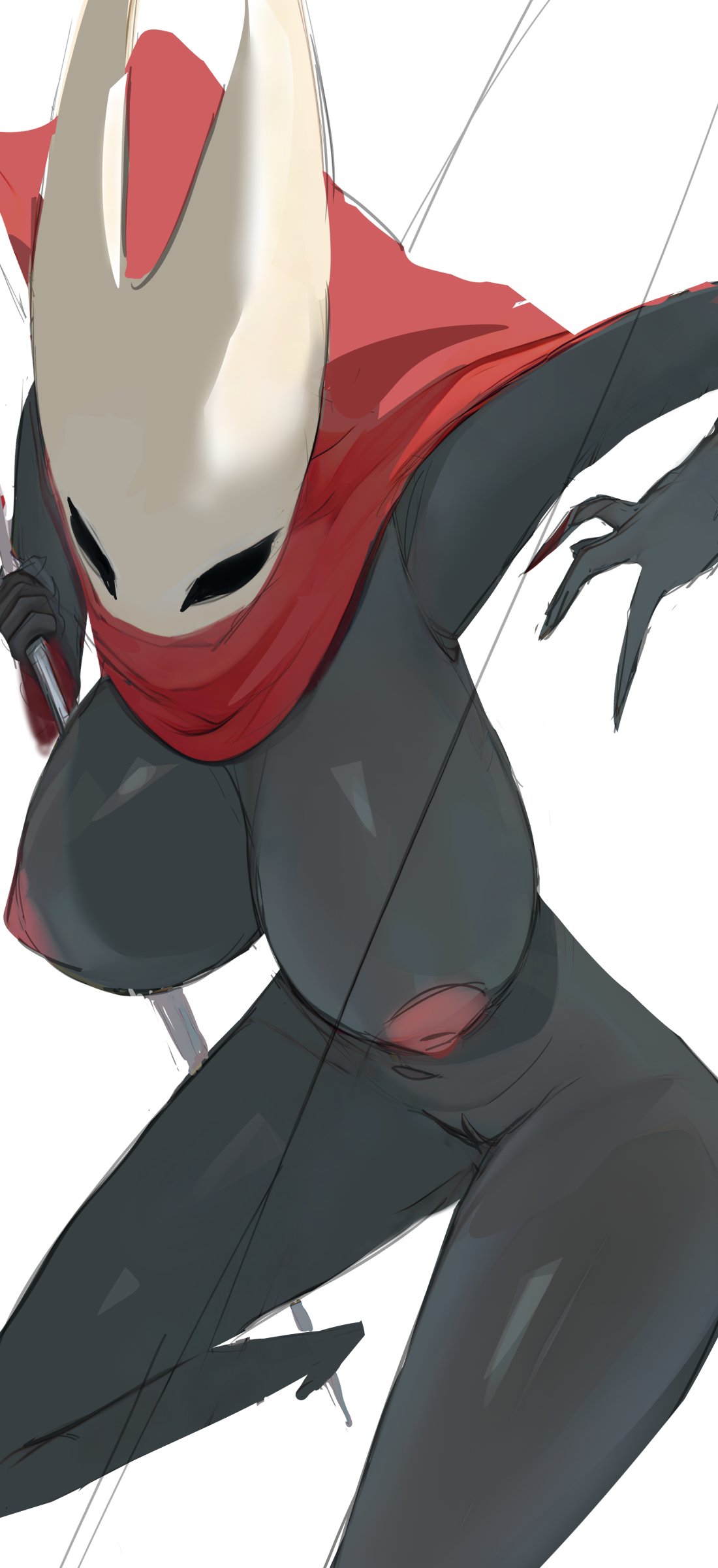 absurd_res action_pose anthro arthropod big_breasts black_body black_eyes breasts cape cape_only clothing female genitals hi_res holding_object holding_weapon hollow_knight hornet_(hollow_knight) huge_breasts insect mostly_nude pose pussy simple_background sketch smewed solo team_cherry thread weapon white_background
