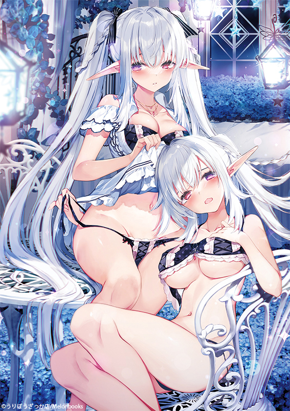2girls bare_arms bare_legs bare_shoulders black_bow black_bra black_panties black_ribbon blush bow bow_panties bra braid breasts chair cleavage closed_mouth clothes_lift clothing_cutout collarbone collared_dress cropped crossed_legs dress dress_lift elf eyelashes frilled_bra frilled_panties frills hair_between_eyes hair_intakes hair_ribbon hand_on_own_chest head_tilt heterochromia indoors jewelry lantern large_breasts leaf lifted_by_self long_hair looking_at_viewer medium_breasts melonbooks midriff multiple_girls navel necklace night on_table original panties parted_lips pink_eyes pinky_out plant pointy_ears polka_dot polka_dot_bra polka_dot_panties ponytail potted_plant purple_eyes ribbon satsuki_misuzu shoulder_cutout siblings side-tie_panties side_braid sidelocks sisters sitting sitting_on_table stomach string_panties table tearing_up thighs twin_braids twins twintails underwear untied untied_panties very_long_hair white_dress white_hair window