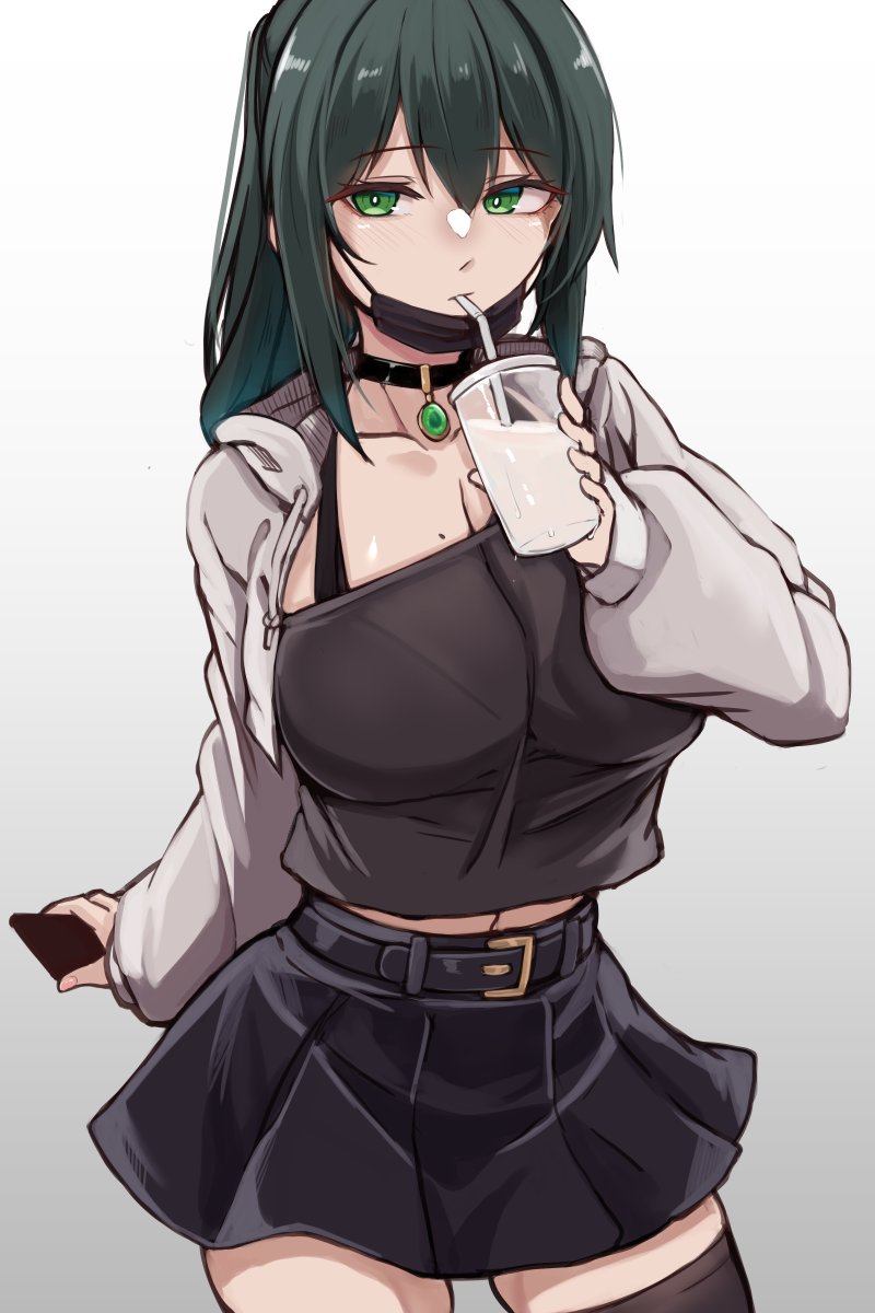 1girl belt camisole cellphone choker collarbone cup drinking drinking_straw green_eyes green_hair highres hiruno holding holding_cup holding_phone large_belt mask mask_pull midriff_peek mouth_mask original phone pleated_skirt skirt smartphone solo thighhighs