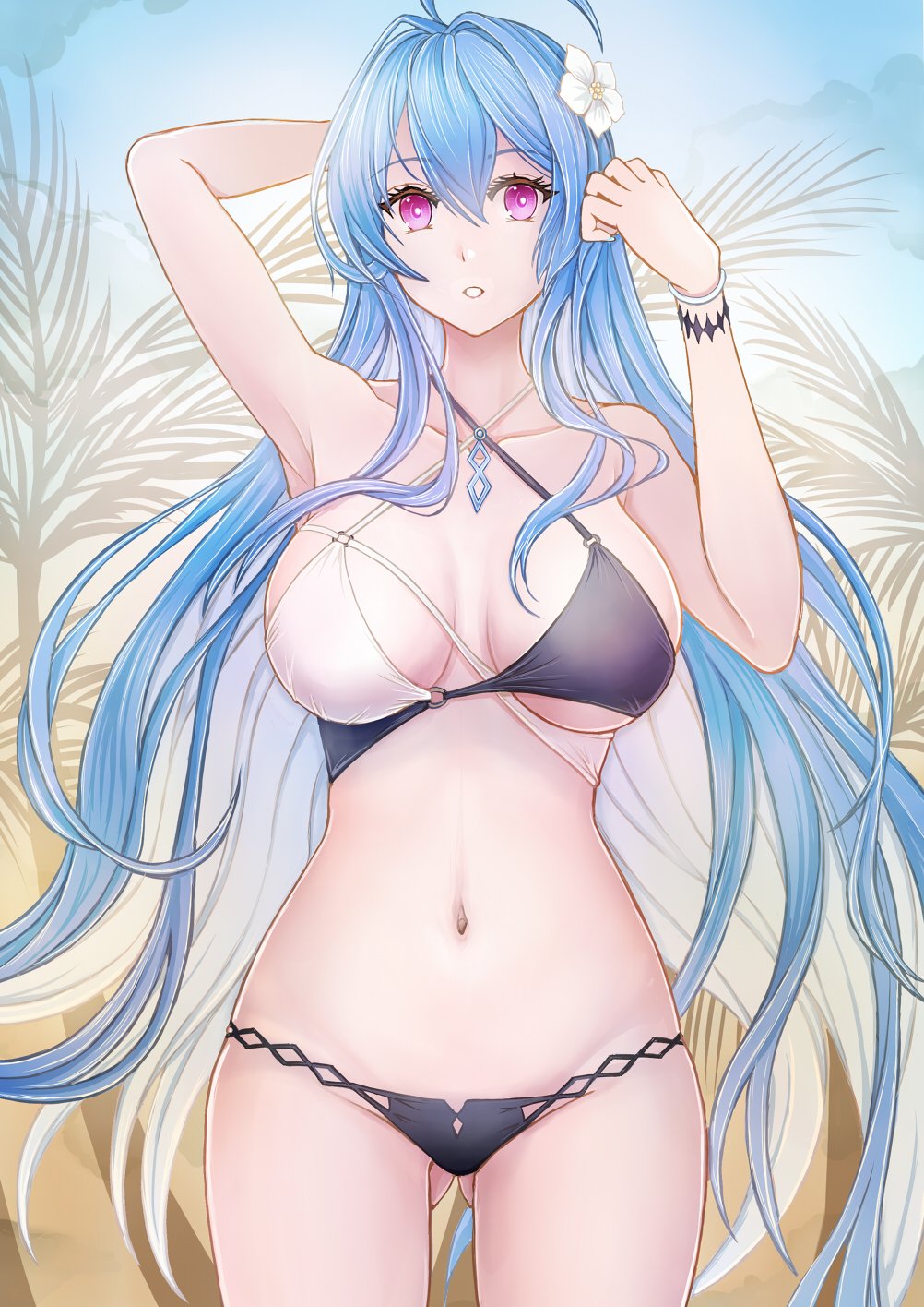 1girl ahoge arm_behind_head armpits ass_visible_through_thighs azur_lane bare_shoulders bikini black_bikini blue_hair bracelet breasts collarbone cowboy_shot criss-cross_halter flower hair_between_eyes hair_flower hair_ornament halterneck helena_(azur_lane) helena_(shimmering_triangle_wave)_(azur_lane) highres jewelry large_breasts long_hair multicolored_bikini multicolored_clothes navel o-ring o-ring_bikini o-ring_top official_alternate_costume outdoors palm_tree parted_lips purple_eyes sai-go solo standing swimsuit tree two-tone_bikini very_long_hair white_bikini white_flower