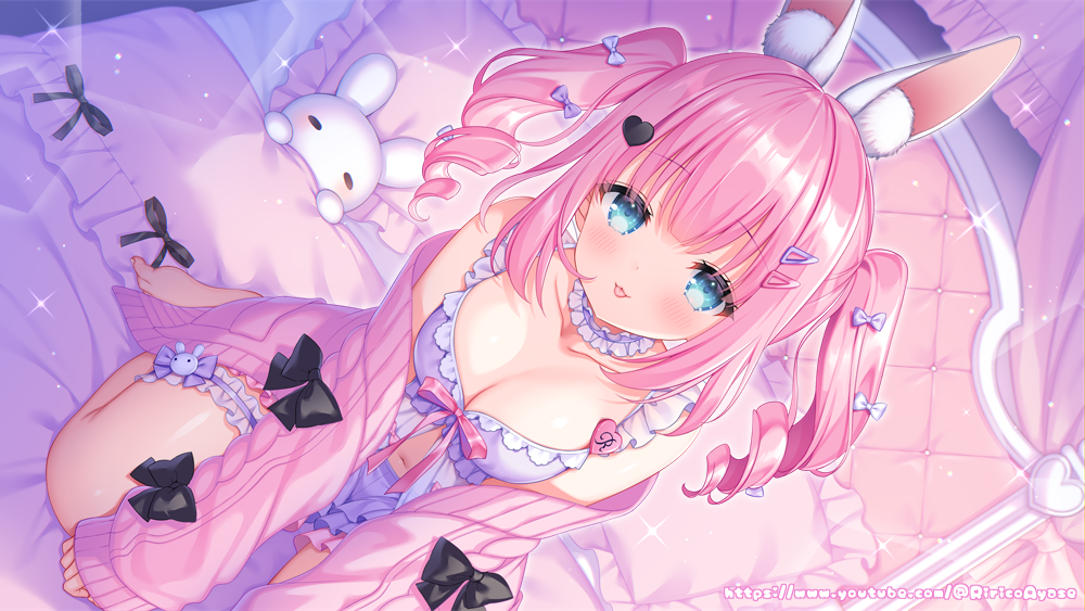 1girl :3 animal_ears aqua_eyes ayase_ririco babydoll bare_legs barefoot bed black_bow blue_bow blush bow breasts cardigan cardigan_partially_removed character_name choker cleavage closed_mouth collarbone feet frilled_choker frilled_straps frills from_above glint hair_bow hair_ornament hairclip heart heart_hair_ornament indie_virtual_youtuber large_breasts long_bangs long_sleeves looking_at_viewer multiple_hair_bows navel open_cardigan open_clothes pillow pink_cardigan pink_hair pink_ribbon purple_babydoll purple_bow purple_choker rabbit_ears rabbit_girl ribbon sacraneco sitting sleeves_past_wrists smile solo thigh_strap thighs toes tongue tongue_out twintails virtual_youtuber wariza web_address youtube_username