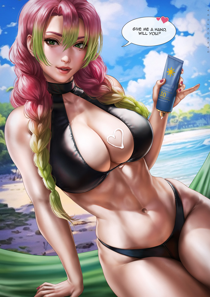 1girl artist_name beach bikini black_bikini breasts cloud dandon_fuga english_text gradient_hair green_eyes green_hair halterneck heart kanroji_mitsuri kimetsu_no_yaiba large_breasts lotion mole mole_under_eye multicolored_hair navel pink_hair sitting sky solo speech_bubble sunscreen swimsuit toned water