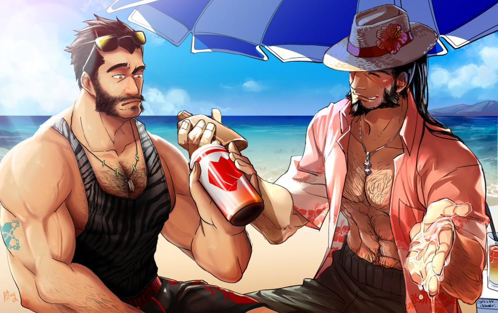 2boys alternate_costume animal_print arm_hair bara bare_arms beach beard biceps black_male_swimwear black_tank_top chest_hair collaboration couple cowboy_hat facial_hair feet_out_of_frame flower flower_on_head graves_(league_of_legends) hair_slicked_back hairy hand_up hat holding jewelry karipaku large_pectorals league_of_legends long_hair male_focus male_swimwear mature_male multiple_boys muscular muscular_male mustache necklace p2yong pectoral_cleavage pectorals print_shirt raised_eyebrow shirt short_hair sidepec sitting smile sunglasses swim_trunks tank_top thick_eyebrows topless_male twisted_fate veins veiny_arms yaoi zebra_print