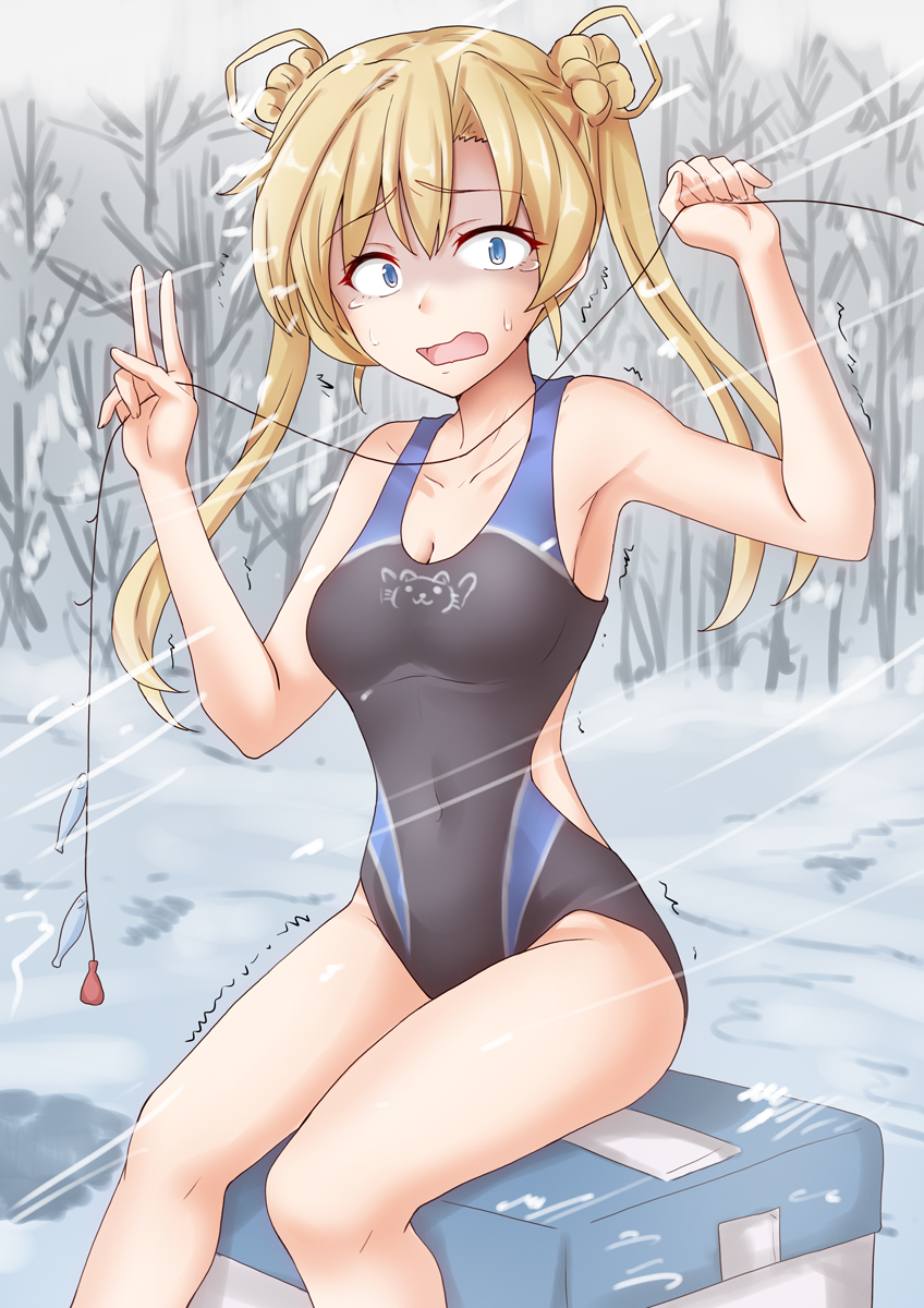 1girl abukuma_(kancolle) anti_(untea9) black_one-piece_swimsuit blonde_hair blue_eyes blue_one-piece_swimsuit blush breasts collarbone competition_swimsuit covered_navel fishing_hook fishing_line forest hair_bun hair_rings highres horror_(theme) ice kantai_collection long_hair looking_at_viewer nature one-piece_swimsuit open_mouth outdoors sitting small_breasts snow solo sweatdrop swimsuit tears twintails two-tone_swimsuit