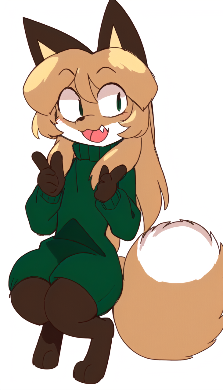 anthro averi_(fiddleafox) baggy_clothing big_eyes blush canid canine clothing cute_fangs dipstick_tail female female_anthro fiddleafox fox fur gesture gloves_(marking) green_clothing green_sweater green_topwear hair hi_res leg_markings mammal markings multicolored_body multicolored_fur multicolored_tail simple_background socks_(marking) solo sweater tail tail_markings thigh_markings tongue topwear white_body white_fur white_tail_tip