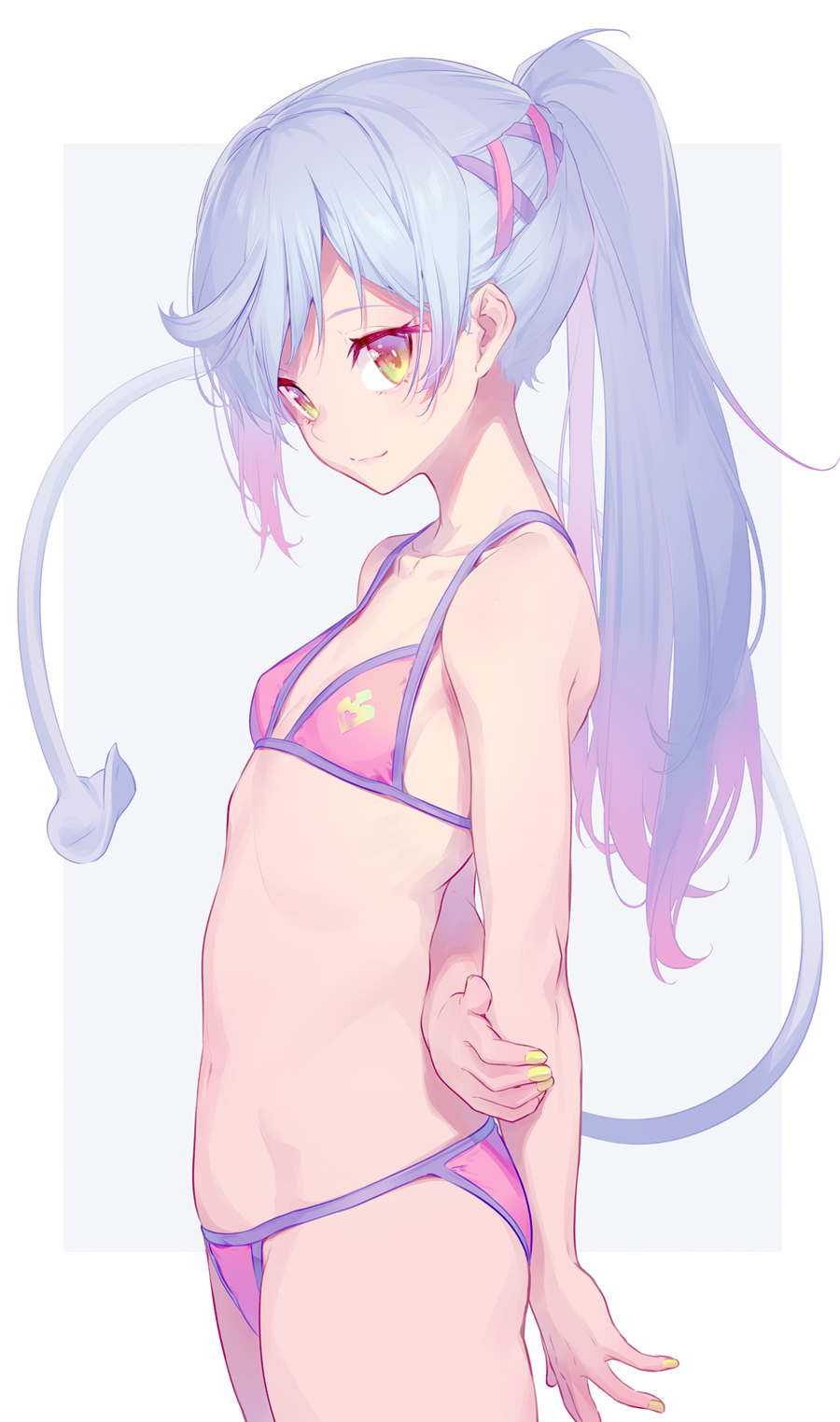 1girl arms_behind_back bikini commentary_request gradient_hair grey_hair highres long_hair looking_at_viewer multicolored_hair nail_polish navel nilitsu pink_bikini pink_hair ponytail sakuma_lovey simple_background smile snack_nili solo swimsuit tail yellow_eyes yellow_nails