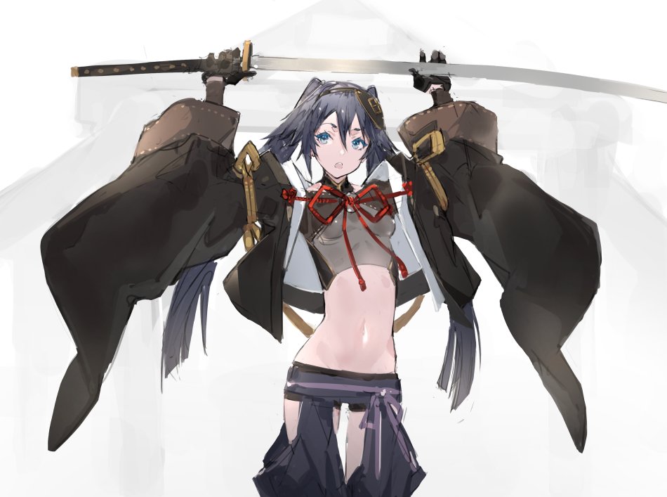 1girl arms_up black_gloves blue_eyes blue_hair clenched_hand crop_top falling_petals gloves hair_ornament haori headgear holding holding_sword holding_weapon jacket japanese_clothes long_hair looking_at_object midriff monohoshizao_(tenka_hyakken) navel neco ootachi open_clothes open_jacket open_mouth petals short_shorts shorts solo standing sword tall_female tenka_hyakken twintails weapon white_background
