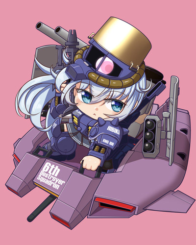 1girl aircraft base_jabber blue_eyes blush cannon grey_hair gun gundam hair_between_eyes hat hibiki_(kancolle) hizack kantai_collection long_hair lowres machine_gun mecha mecha_musume mobile_suit moke_ro pink_background pleated_skirt robot shield skirt smile solo spikes thrusters titans_(gundam) torpedo_launcher weapon zeta_gundam