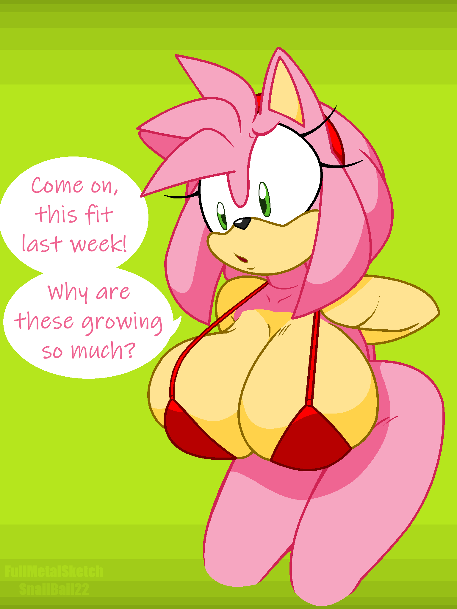amy_rose anthro big_breasts bra breast_expansion breast_size_difference breasts cleavage clothed clothing english_text eulipotyphlan expansion female female/female fullmetalsketch growth hedgehog hi_res letterbox mammal sega snailbail22 solo sonic_the_hedgehog_(series) text thick_thighs underwear worried