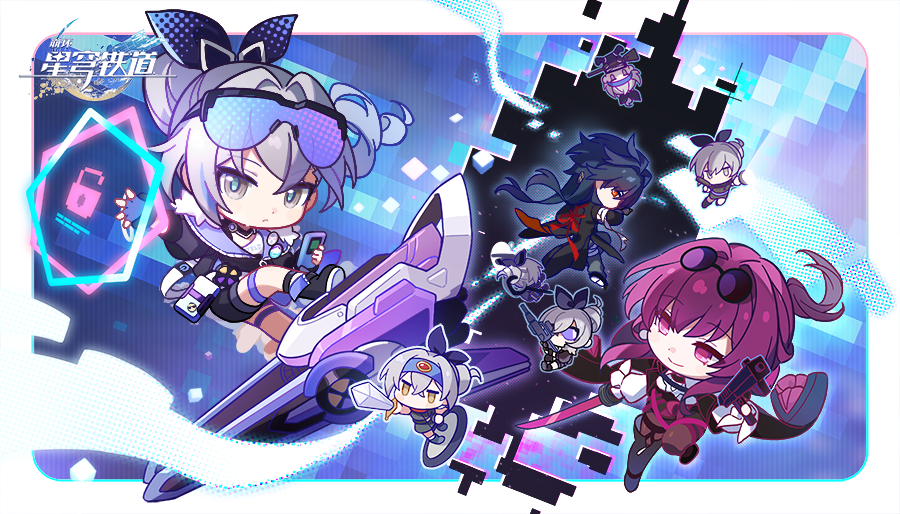 1boy 2girls blade_(honkai:_star_rail) breasts chibi chinese_clothes chinese_commentary closed_mouth eyewear_on_head fingerless_gloves gloves grey_hair gun hair_between_eyes high_ponytail holding holding_phone holding_sword holding_weapon honkai:_star_rail honkai_(series) jacket kafka_(honkai:_star_rail) logo long_hair long_sleeves looking_at_viewer machine_pistol multicolored_hair multiple_girls no_mouth official_art open_clothes open_hand open_jacket phone purple_eyes purple_hair round_eyewear silver_wolf_(honkai:_star_rail) small_breasts smile streaked_hair surfing sword thigh_strap weapon