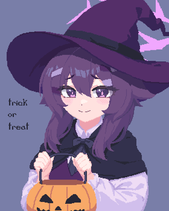 1girl basket black_cape blue_archive blush bsm_(nerdmin) cape closed_mouth commentary hair_between_eyes halloween halloween_costume halo haruka_(blue_archive) hat jack-o'-lantern long_hair long_sleeves pixel_art purple_background purple_eyes purple_hair purple_halo purple_headwear simple_background smile solo trick_or_treat upper_body witch_hat