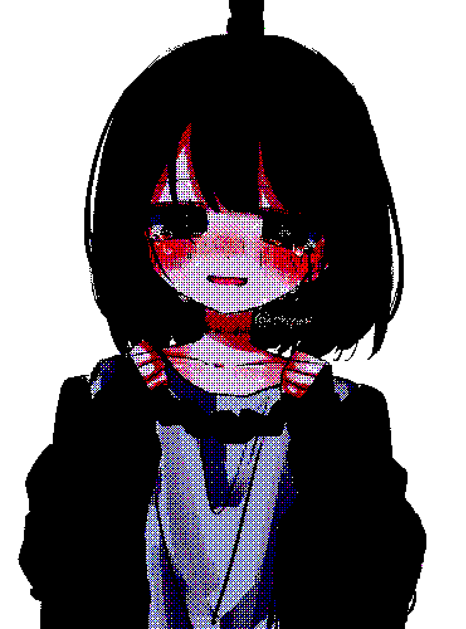 1girl black_eyes black_hair blush collarbone crying crying_with_eyes_open hands_up high_contrast highres long_sleeves looking_at_viewer oniyamakei open_mouth original pixel_art rope rope_marks shirt short_hair simple_background smile solo suicide tears upper_body white_background white_shirt