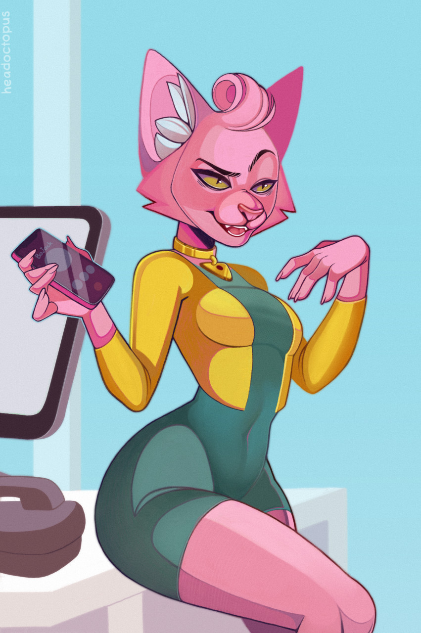 anthro artist_name bojack_horseman bottomwear breasts cellphone choker clothed clothing colored computer_monitor cropped_jacket eyebrows female form_fitting fully_clothed gold_(metal) gold_jewelry hand_over_breast headoctopus hi_res holding_object holding_phone inner_ear_fluff inside jewelry medium_breasts necklace netflix office open_mouth pencil_skirt phone phone_call pink_body princess_carolyn pupils raised_eyebrow sitting_on_desk skirt slit_pupils smartphone solo teeth thick_thighs tuft wide_hips yellow_sclera