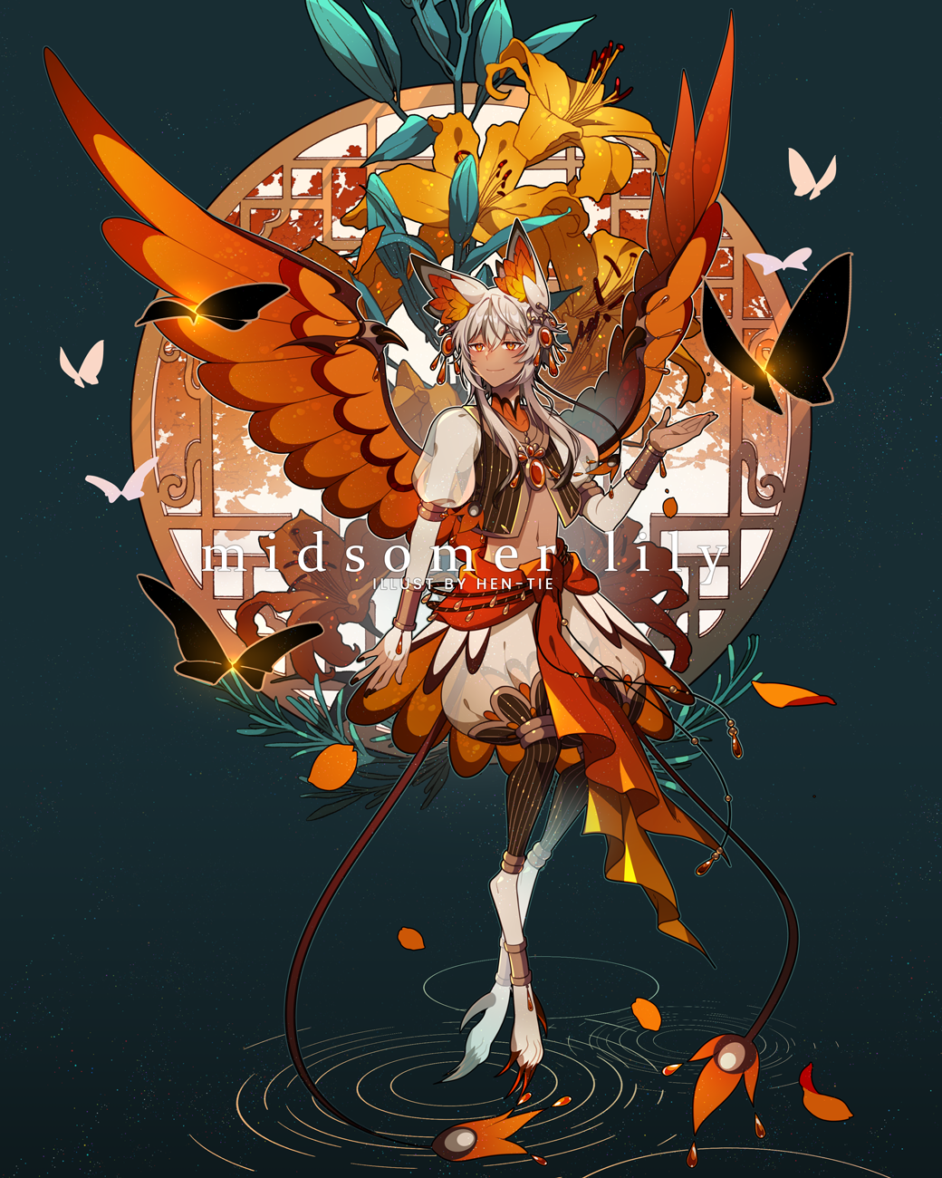 1other animal_ear_piercing animal_ears animal_feet armlet artist_name autumn_leaves black_butterfly black_thighhighs black_vest blue_background bug butterfly check_gender closed_mouth collar commentary commission crop_top dark_skin detached_collar english_commentary english_text falling_petals feathered_wings flower full_body gem gender_request gold_trim hair_ornament hen-tie highres hoop_piercing juliet_sleeves layered_skirt leaf leaf_on_head lilidae lily_(flower) long_sleeves looking_at_viewer navel open_clothes open_vest orange_collar orange_eyes orange_skirt orange_wings original outstretched_hand petals puffy_sleeves red_gemstone red_sash ripples sash sharp_toenails shirt short_hair_with_long_locks skirt smile solo spread_wings standing standing_on_liquid stomach striped striped_thighhighs striped_vest tail thighhighs toenails too_many_butterflies vertical-striped_thighhighs vertical-striped_vest vertical_stripes vest watermark white_butterfly white_hair white_shirt white_skirt window wings yellow_flower