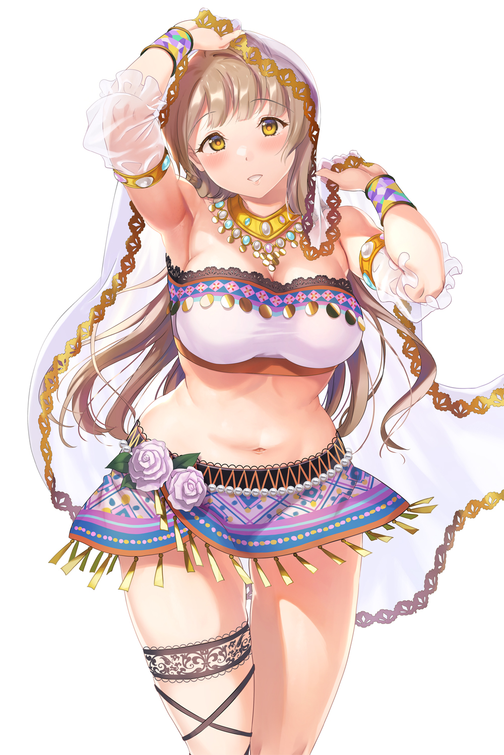 1girl armpits bandeau blush blush_stickers bracelet breasts brown_eyes commentary_request curvy detached_sleeves feet_out_of_frame hand_up harem_outfit highres jewelry kitiroku large_breasts leg_ribbon light_brown_hair long_hair looking_at_viewer love_live! love_live!_school_idol_festival love_live!_school_idol_project microskirt midriff minami_kotori navel official_alternate_costume parted_lips plump ribbon see-through see-through_sleeves see-through_veil simple_background skirt smile solo stomach strapless taut_bandeau taut_clothes thigh_gap thigh_ribbon thigh_strap usekh_collar veil white_background white_bandeau