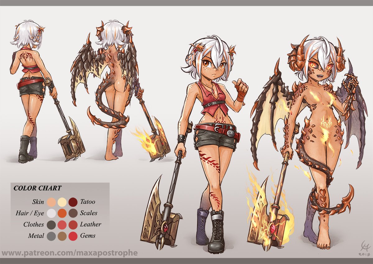 1girl ass axe barefoot battle_axe belt belt_buckle body_freckles body_markings boots breasts buckle chest_belt claws color_chart commission completely_nude corset demon_form demon_girl demon_horns demon_tail demon_wings english_commentary feet fiera_(chirutai) fingerless_gloves fire flaming_weapon freckles front_and_back gem gloves glowing glowing_eyes holding holding_axe horns jewelry maxa' midriff multicolored_hair multiple_belts necklace nude orange_hair original red_corset red_gemstone reference_sheet sharp_teeth shiny_skin short_shorts shorts single_fingerless_glove single_glove small_breasts streaked_hair tail teeth weapon white_hair wings