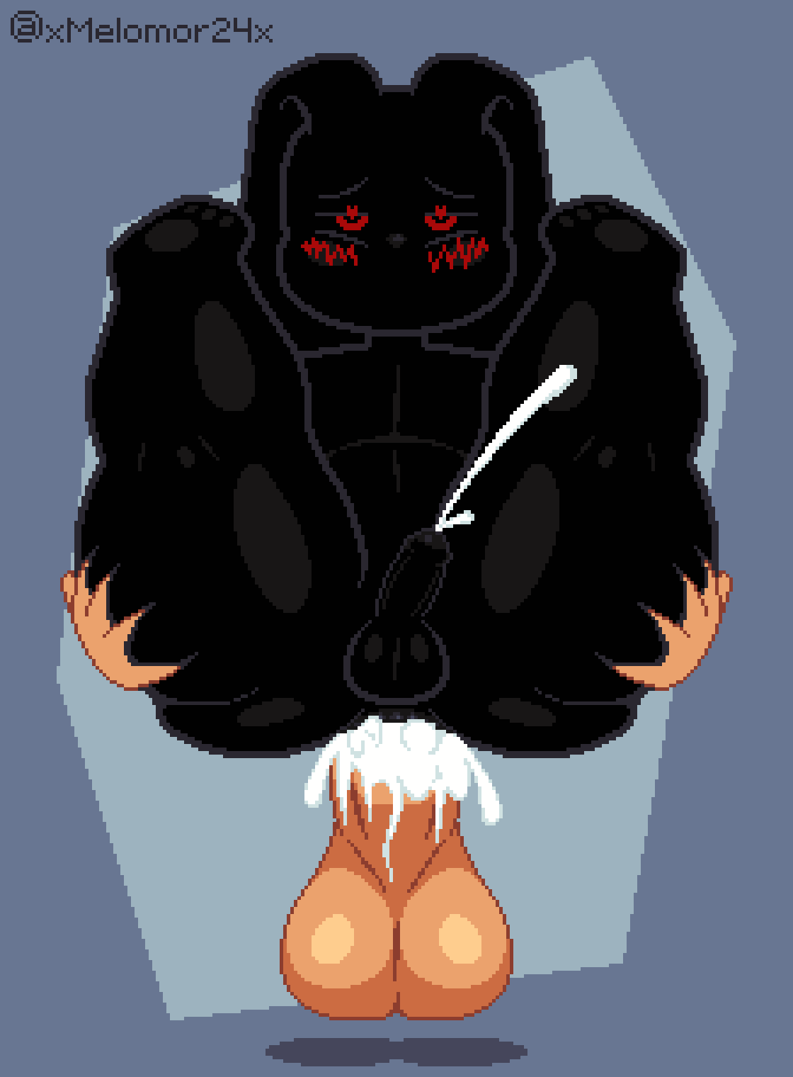 &lt;3 &lt;3_eyes anal anal_orgasm anal_penetration anthro balls big_balls big_butt big_penis black_body black_ears black_fur black_sclera blush blush_lines bodily_fluids butt butt_grab carrying_another cum cum_in_ass cum_inside digital_media_(artwork) duo ejaculation fur genital_fluids genitals grey_background hand_on_butt hi_res holding_another human lagomorph leporid long_ears looking_back male male/male male_penetrated male_penetrating male_penetrating_male mammal melomor nude orgasm penetration penile penile_penetration penis penis_in_ass pink_eyes pixel_(artwork) rabbit reverse_stand_and_carry_position sex simple_background standing standing_sex thick_thighs