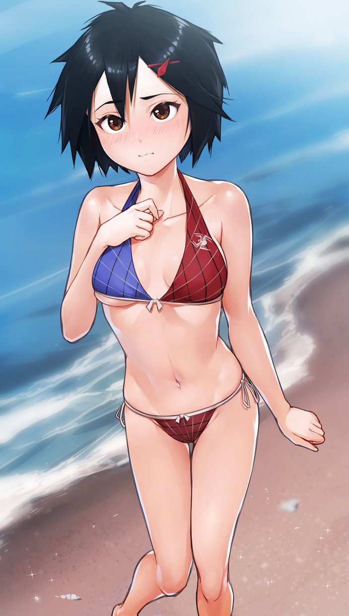 1girl animal_print bare_arms bare_legs bare_shoulders beach bikini black_hair breasts brown_eyes collarbone commentary english_commentary front-tie_bikini_top front-tie_top groin hair_between_eyes hair_ornament hairclip hand_on_own_chest highres light_blush looking_at_viewer maritan_(pixelmaritan) marvel navel peni_parker print_bikini short_hair side-tie_bikini_bottom small_breasts solo spider-man:_into_the_spider-verse spider-man_(series) spider_print stomach swimsuit water wavy_mouth