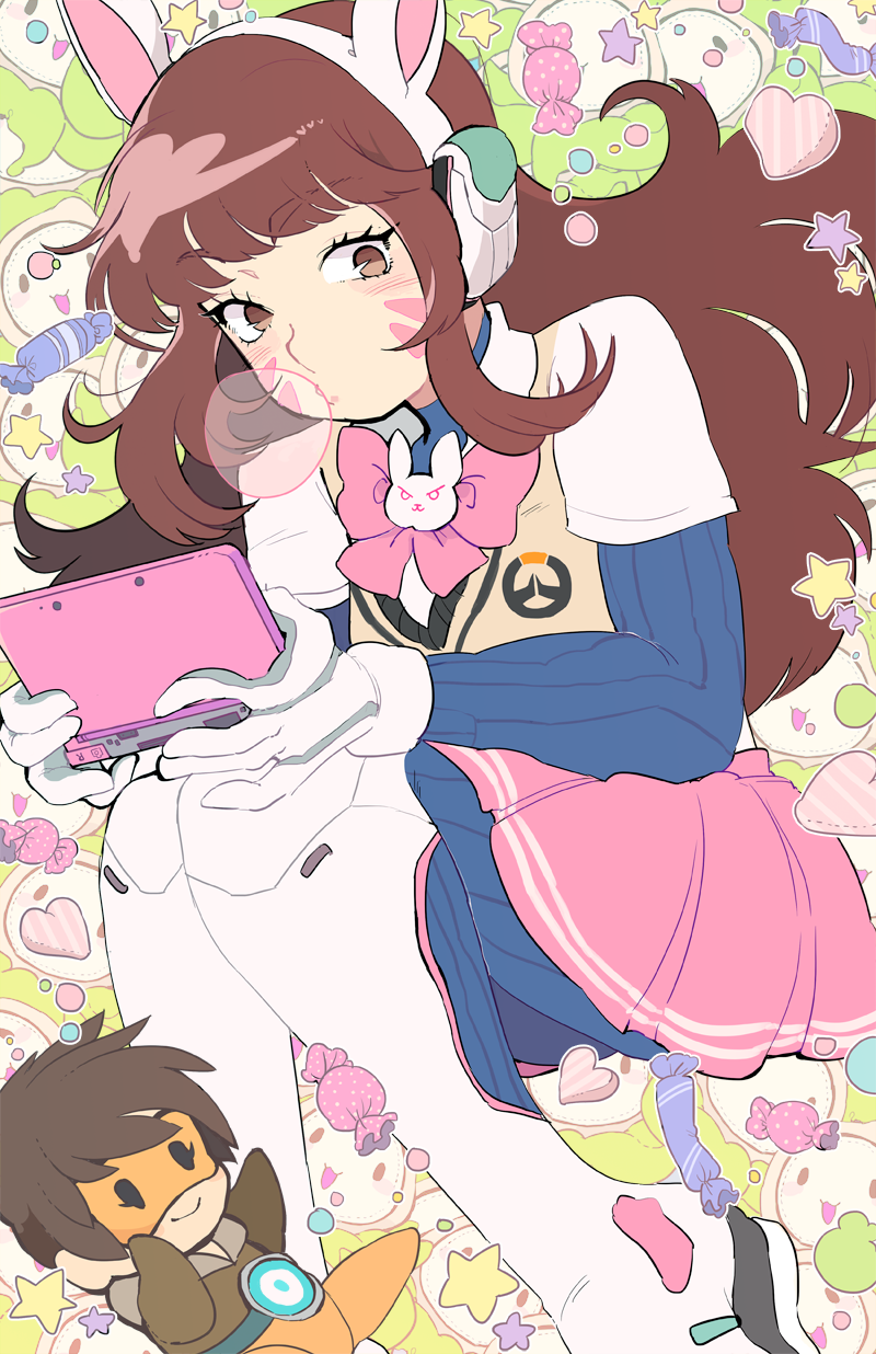 2girls blush_stickers bodysuit bomber_jacket bow bracer brown_eyes brown_hair brown_sweater bubble_blowing bunny_headphones candy chewing_gum collared_shirt d.va_(overwatch) facepaint facial_mark food gloves handheld_game_console headphones heart highres holding holding_handheld_game_console jacket knees_together_feet_apart knees_up long_hair looking_at_viewer miniskirt multiple_girls nintendo_3ds orange_bodysuit orange_goggles overwatch overwatch_(logo) pilot_suit pink_bow pink_skirt shirt short_hair skirt spiked_hair star_(symbol) stuffed_toy sweater swept_bangs tokimekiwaku tracer_(overwatch) whisker_markings white_gloves white_shirt