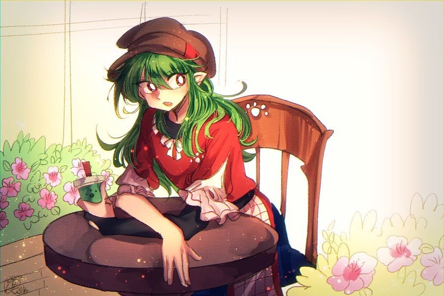 1other alternate_costume androgynous arms_on_table bad_id bad_pixiv_id black_shirt blue_skirt bow bowtie brown_headwear cabbie_hat chair crossed_arms cup disposable_cup fang flower flower_bed frilled_sleeves frills green_hair hat holding holding_cup indoors layered_shirt layered_sleeves len'en long_hair long_sleeves open_mouth pink_flower pointy_ears red_eyes red_shirt ribbon ribbon-trimmed_shirt shirt short_over_long_sleeves short_sleeves single_sleeve sitting skirt table taira_no_fumikado upper_body white_bow white_bowtie white_ribbon window yukkyon_kyon
