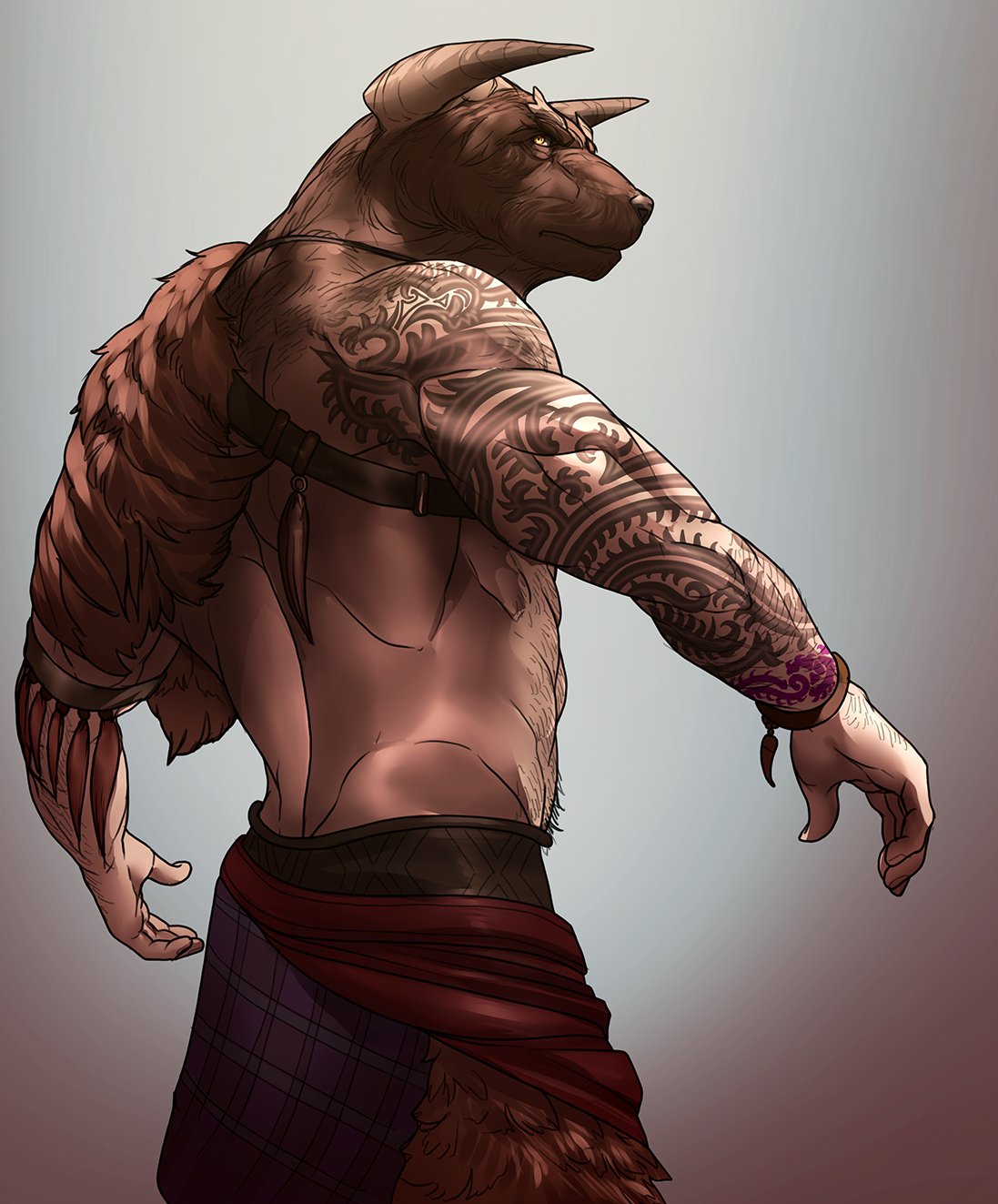 2019 abs anthro arm_tattoo back_hair back_muscles barechested biceps body_hair bovid bovine bracelet cattle chest_hair clothed clothing deltoids fur_clothing harness hi_res horn jewelry leather leather_harness looking_back male mammal manly movd muscular rear_view shoulder_tattoo side_view simple_background solo stomach_hair tattoo topless triceps yellow_eyes