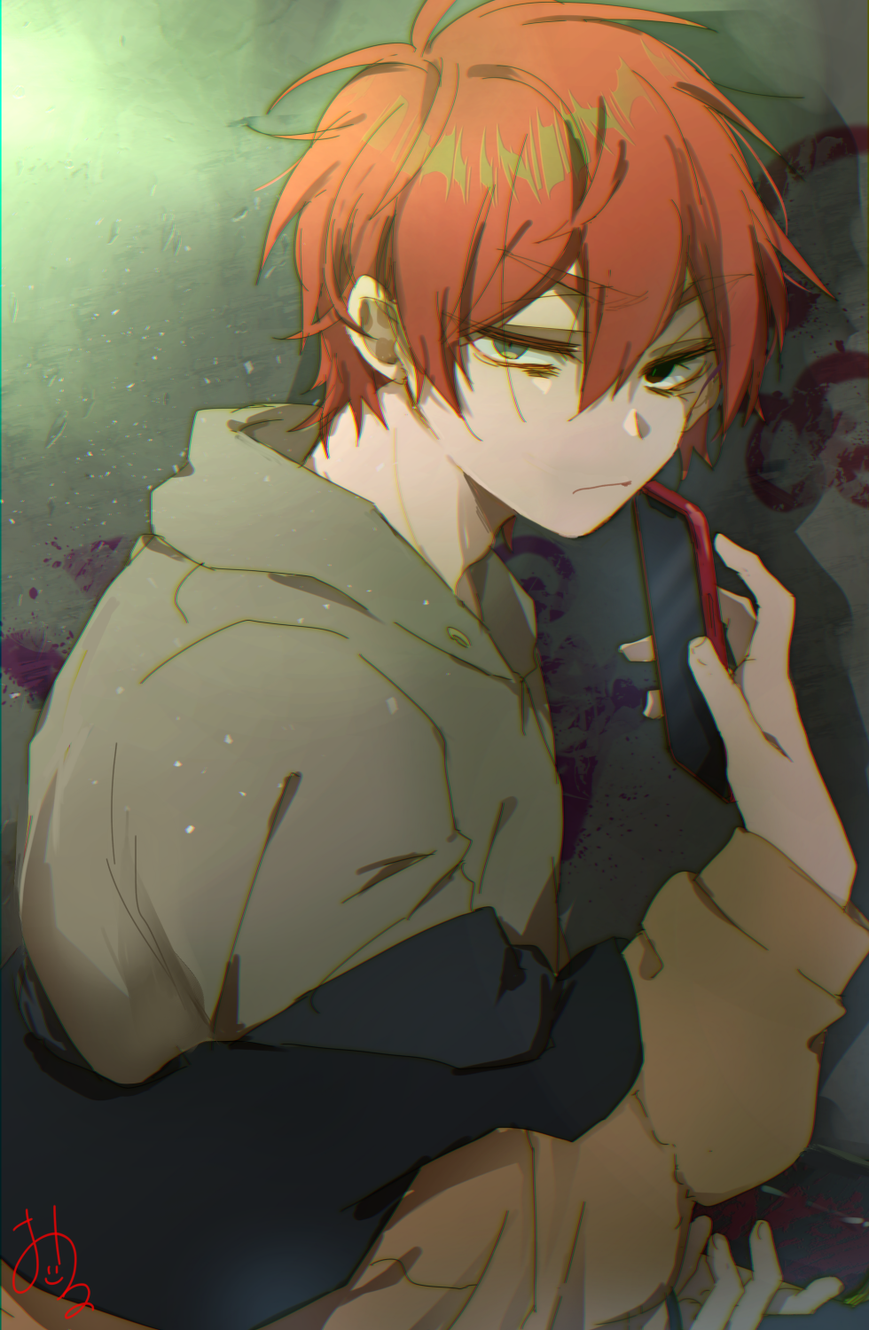 1boy black_jacket brown_eyes brown_jacket cellphone closed_mouth collared_shirt graffiti grey_background highres holding holding_phone jacket jacket_partially_removed kajiyama_fuuta kao_ru05 looking_at_viewer male_focus milgram multicolored_clothes multicolored_jacket phone red_hair shirt short_hair solo wall